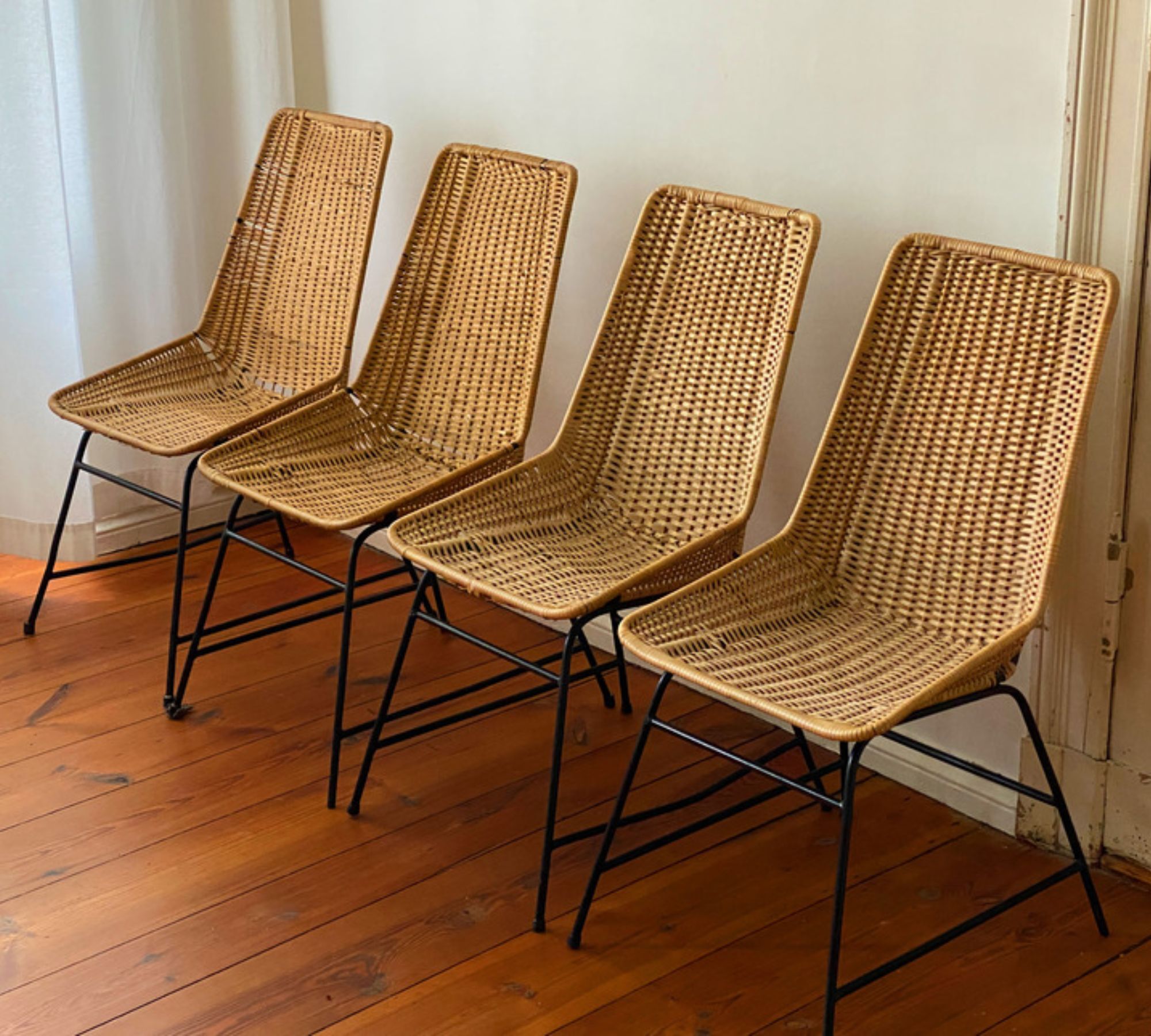 4x Vintage Esszimmerstuhl Rattan Metall 1960er Jahre 0