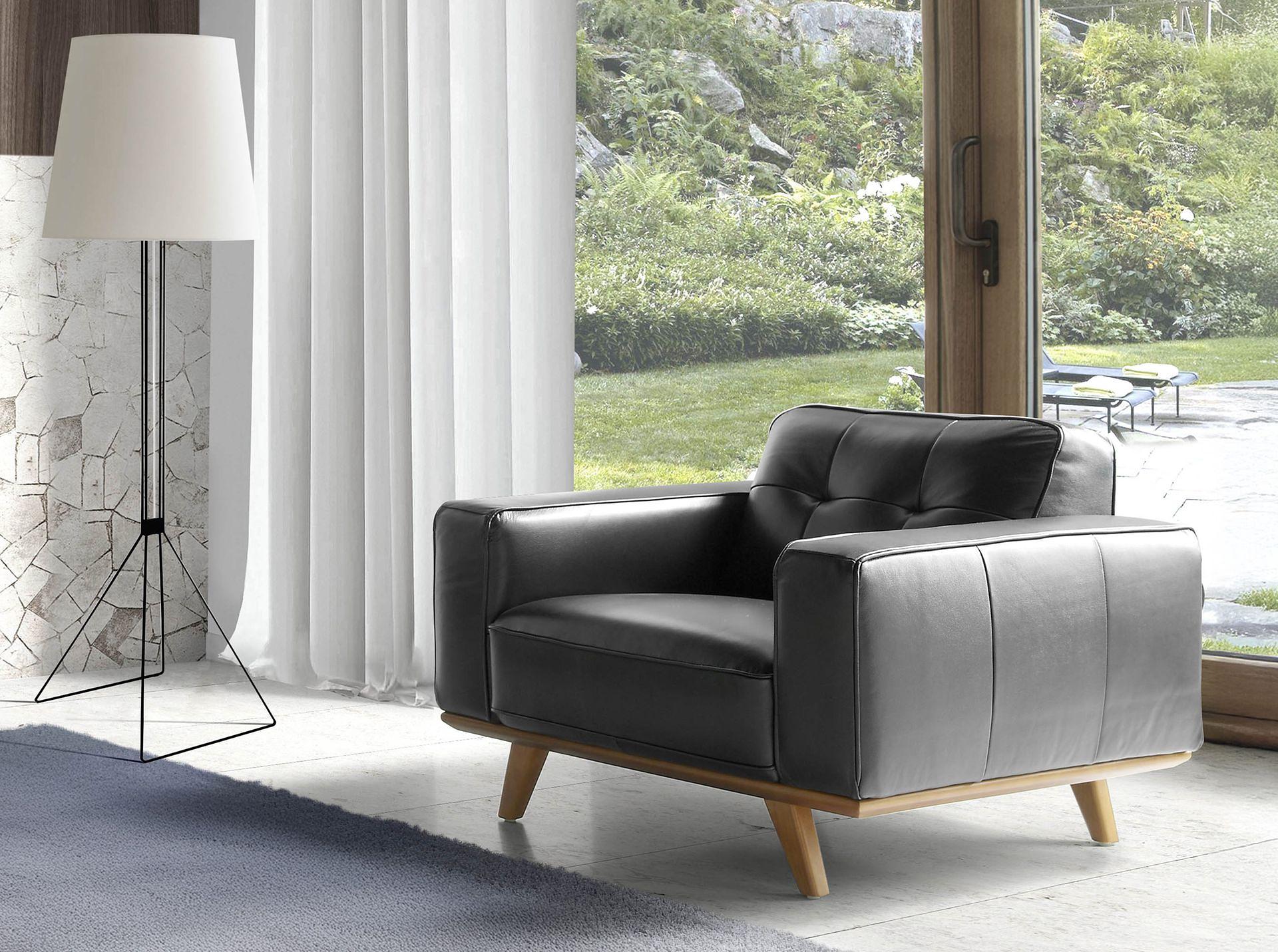 Sessel (Noun)
    Leder (Material)
    Schwarz (Color)

    Italian:
    Poltrona (Noun)
    Chester (Style)
    Pelle (Material)
    Nera (Color)

    This is the standard way.

    One more thing: "Chester" is sometimes used as "Chesterfield".
     2