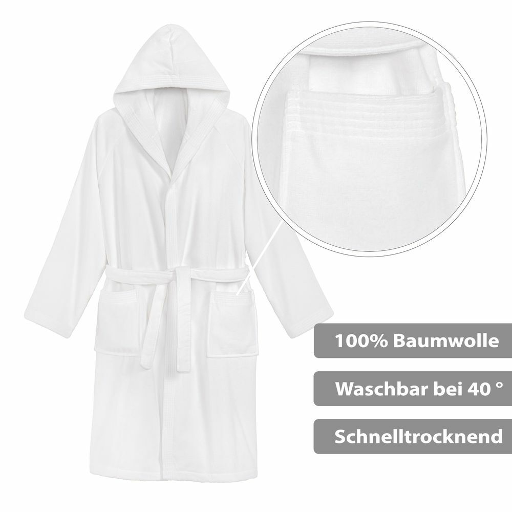 Unisex Bademantel Baumwolle mit Kapuze Weiß Large 3