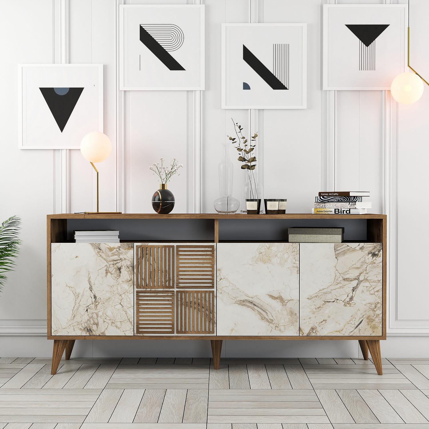 Milan Sideboard Walnut Brown Marble Effect White 160cm 0