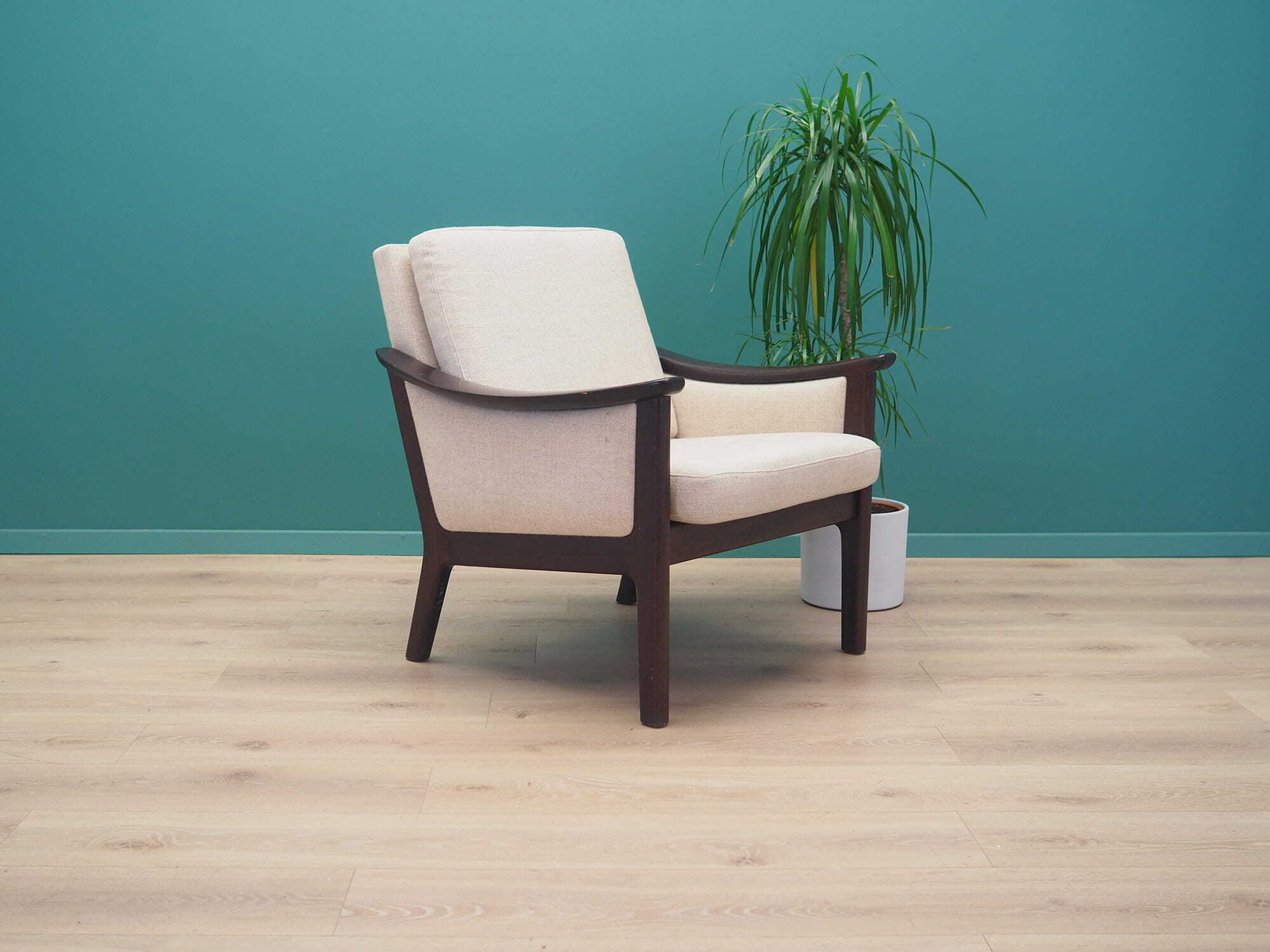 Vintage armchair wood fabric cream 1970s 1