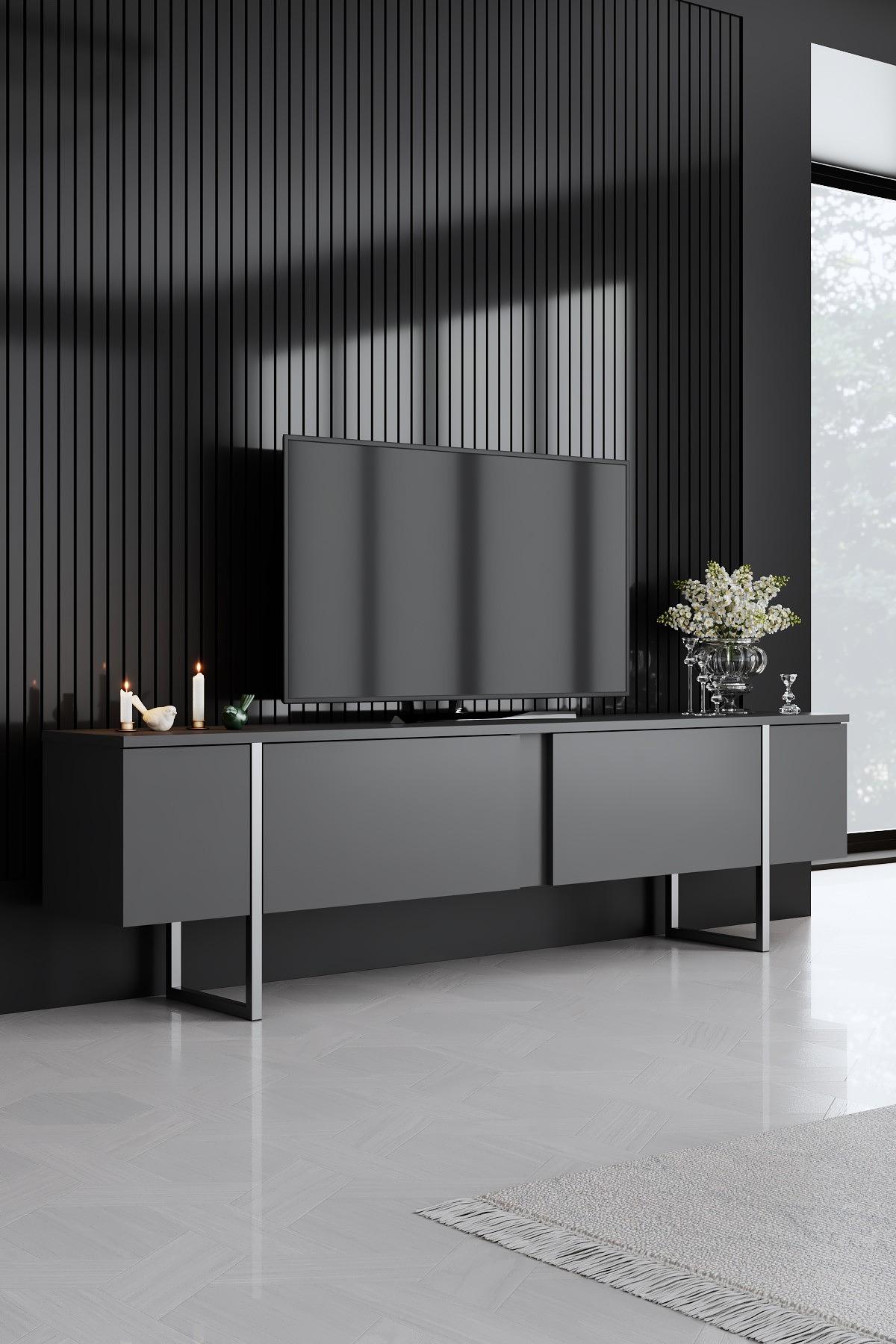 Luxe TV-Schrank Holzfurnier Anthrazit Silber 1