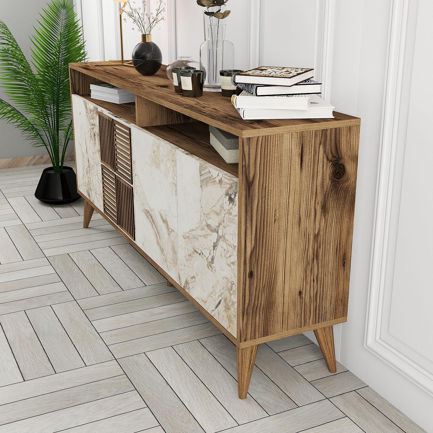 Milan Sideboard Walnut Brown Marble Effect White 160cm 2