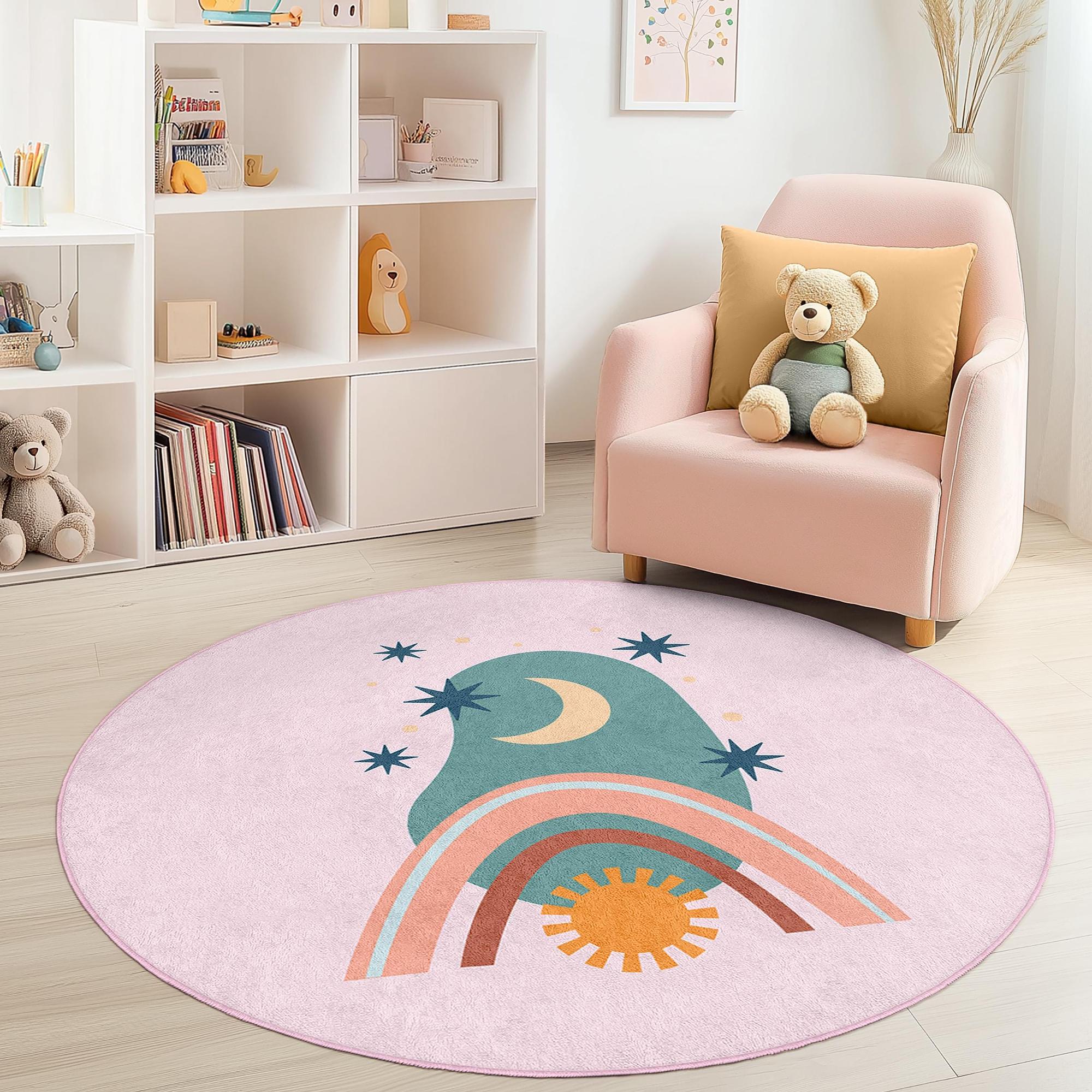 Rainbow and Moon Children's Rug Multicolored Ø120cm 2