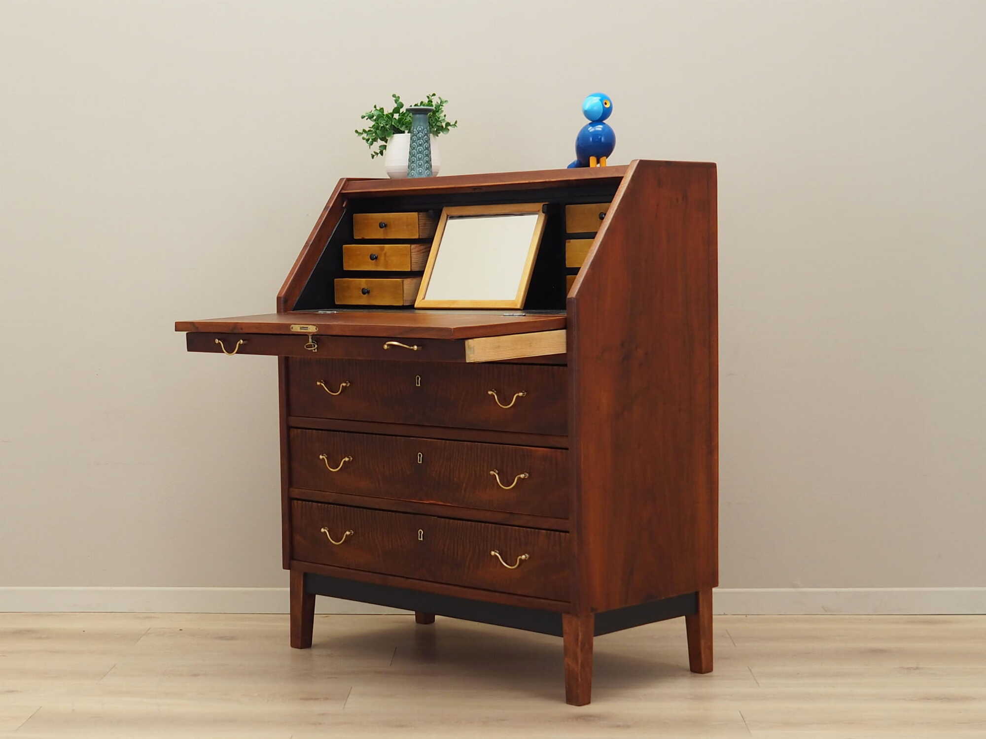 Vintage secretary desk, walnut wood, brown, 1960s 3