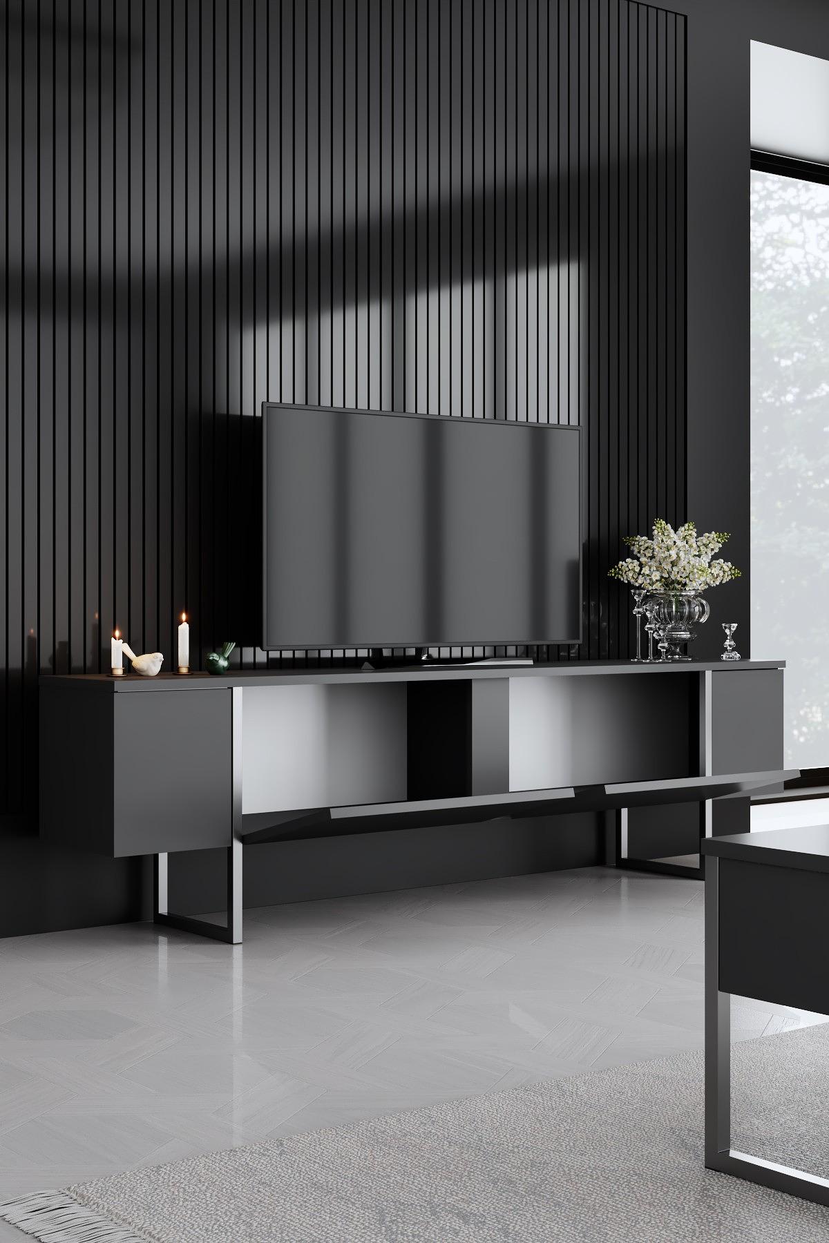 Luxe TV-Schrank Holzfurnier Anthrazit Silber 4