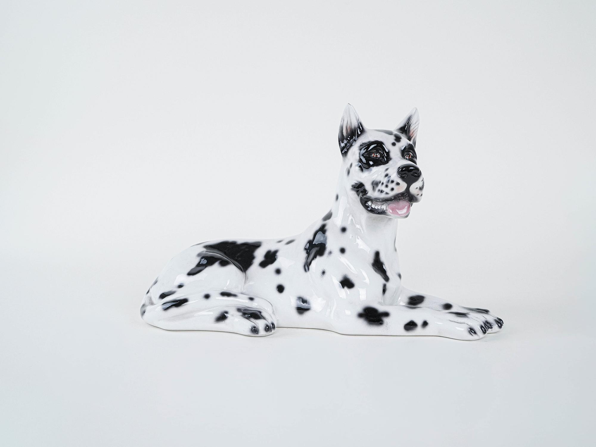 Ceramic Dog Harlequin Figure Black White 1970s 2