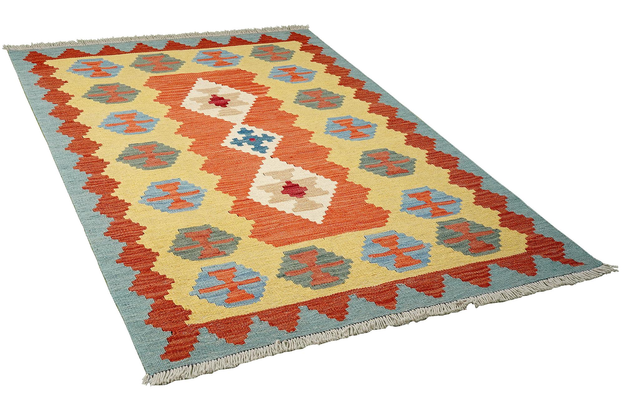 Short pile rug Kilim Virgin wool Red Yellow 1