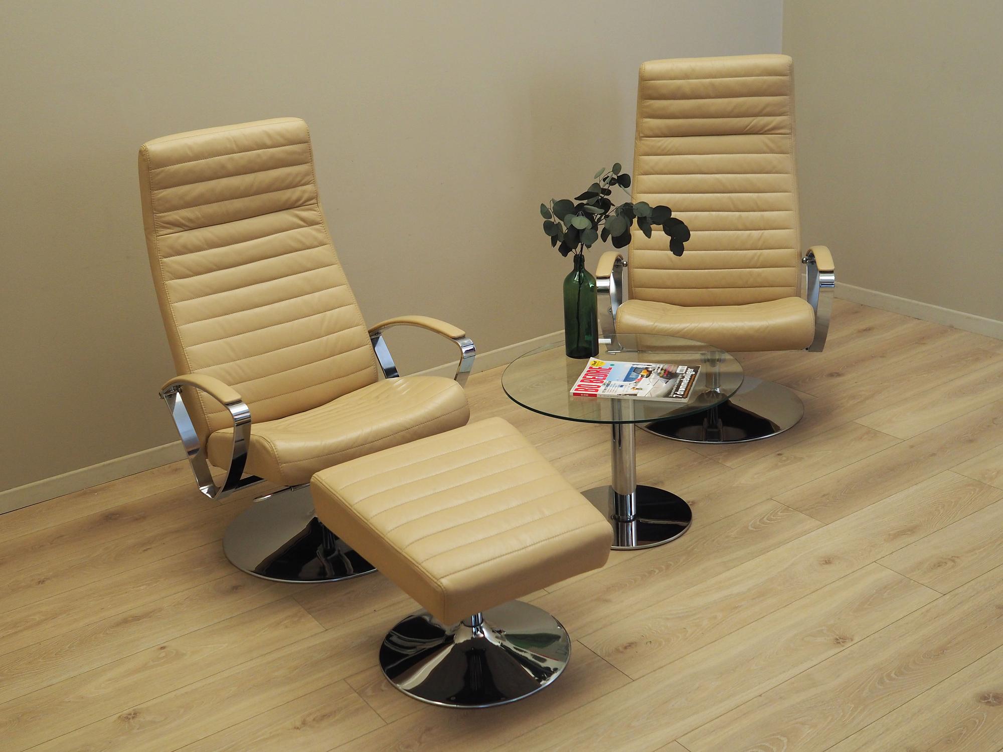 Sessel mit Hocker Leder Hellbraun 1970er Jahre 2