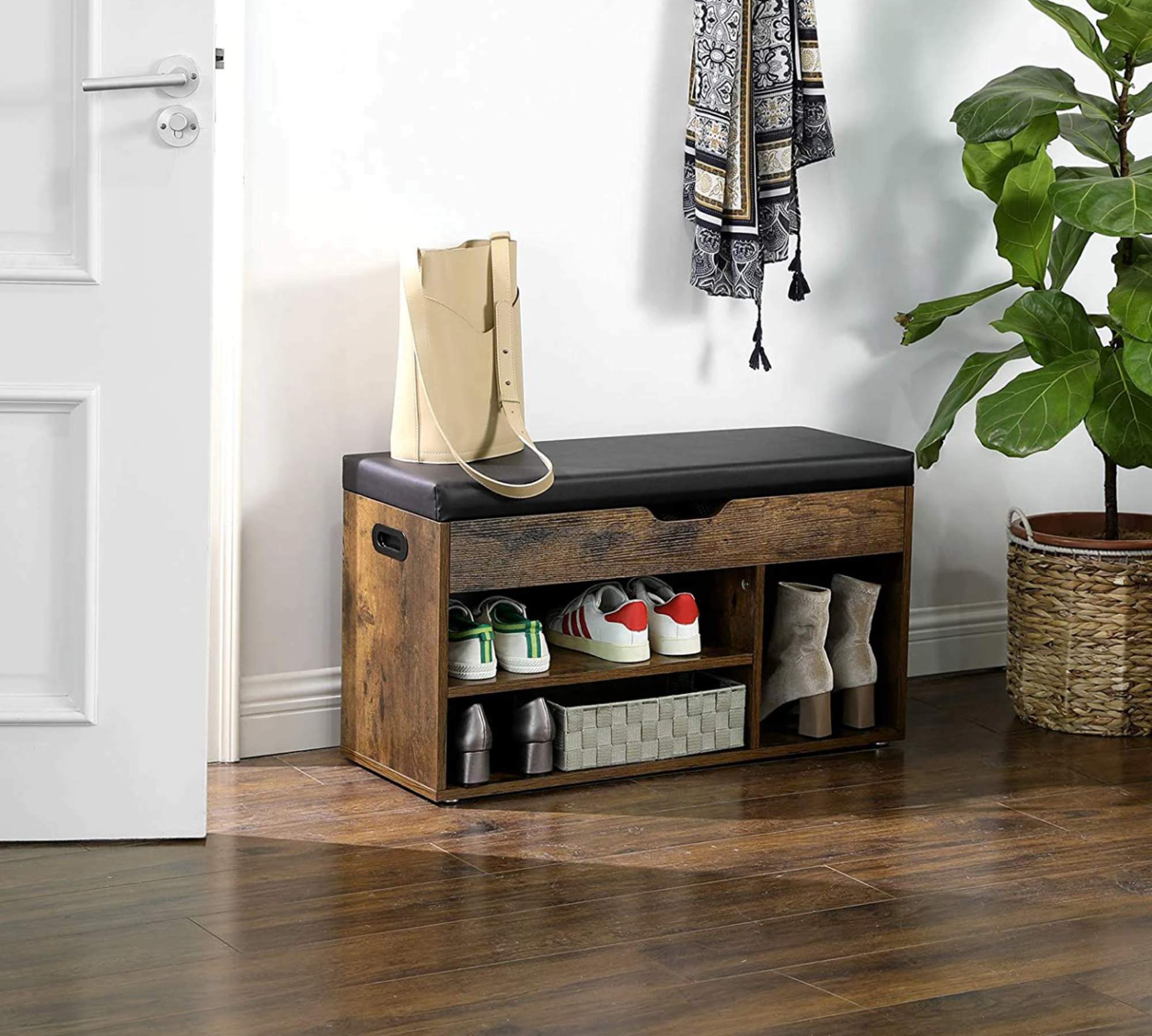 Garderobenbank Holz Kunstleder Schwarz Braun 3