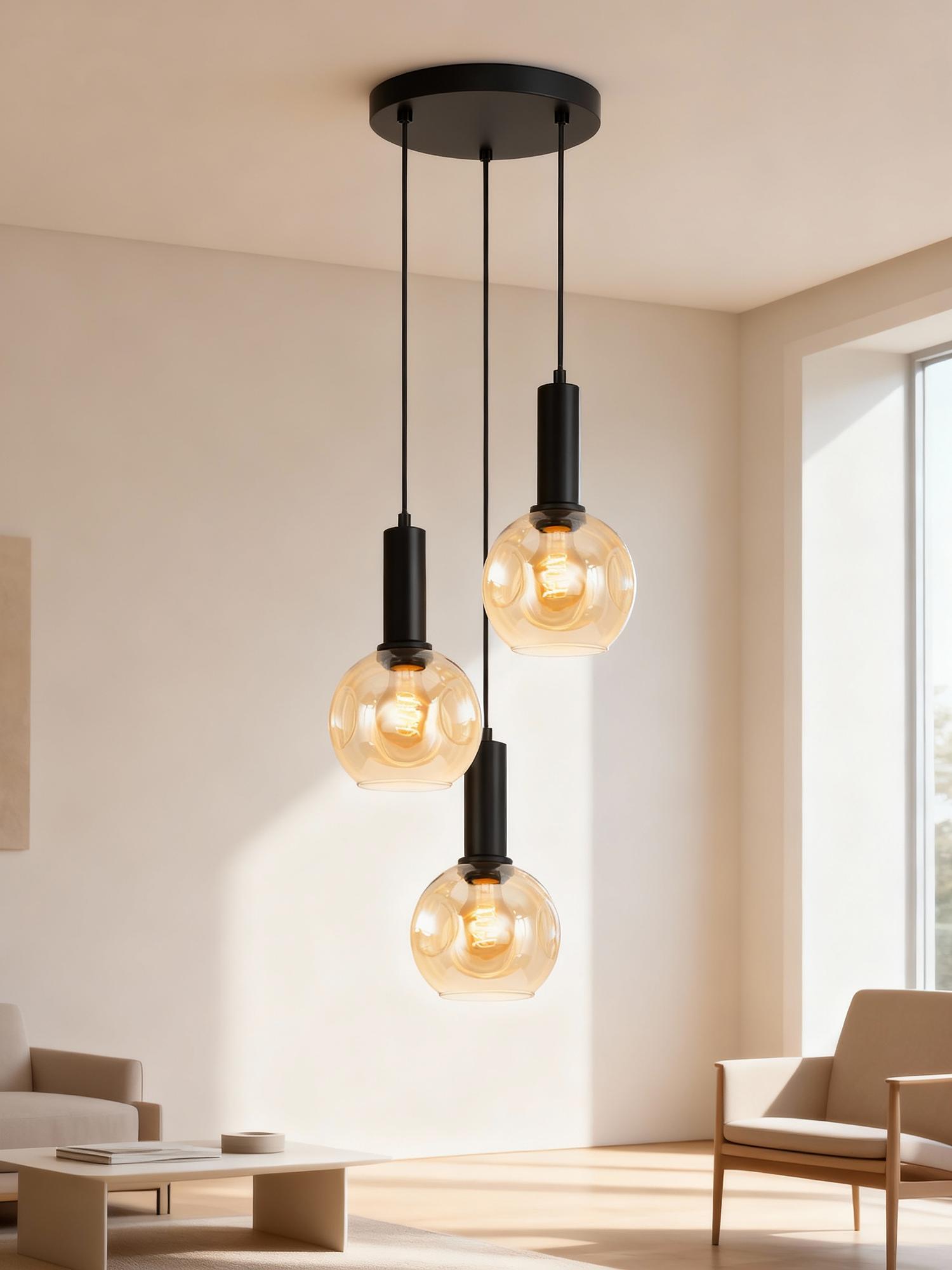 3-Flammig Jervey Pendelleuchte Gusseisen Farbglas Bernstein 2