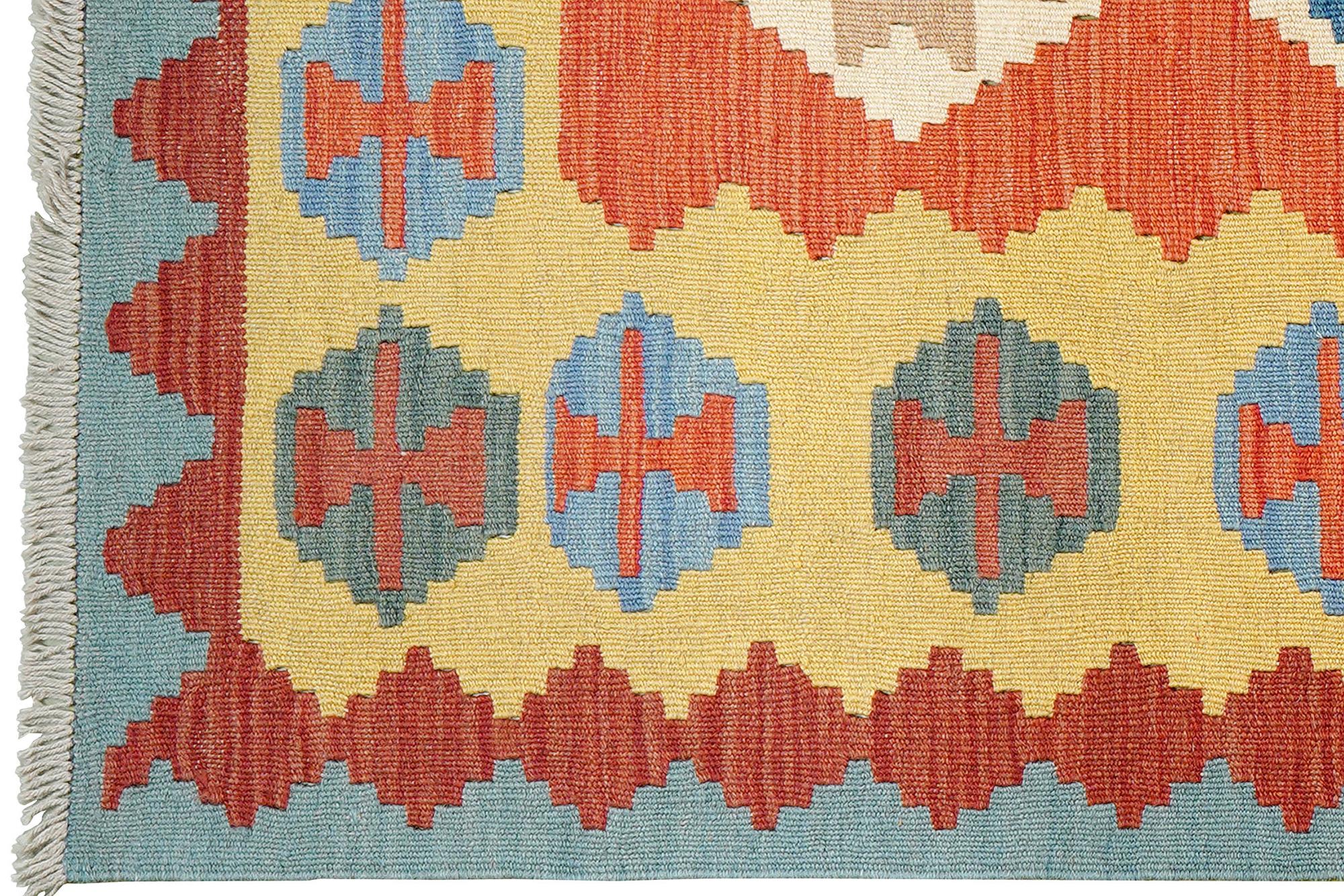 Short pile rug Kilim Virgin wool Red Yellow 2