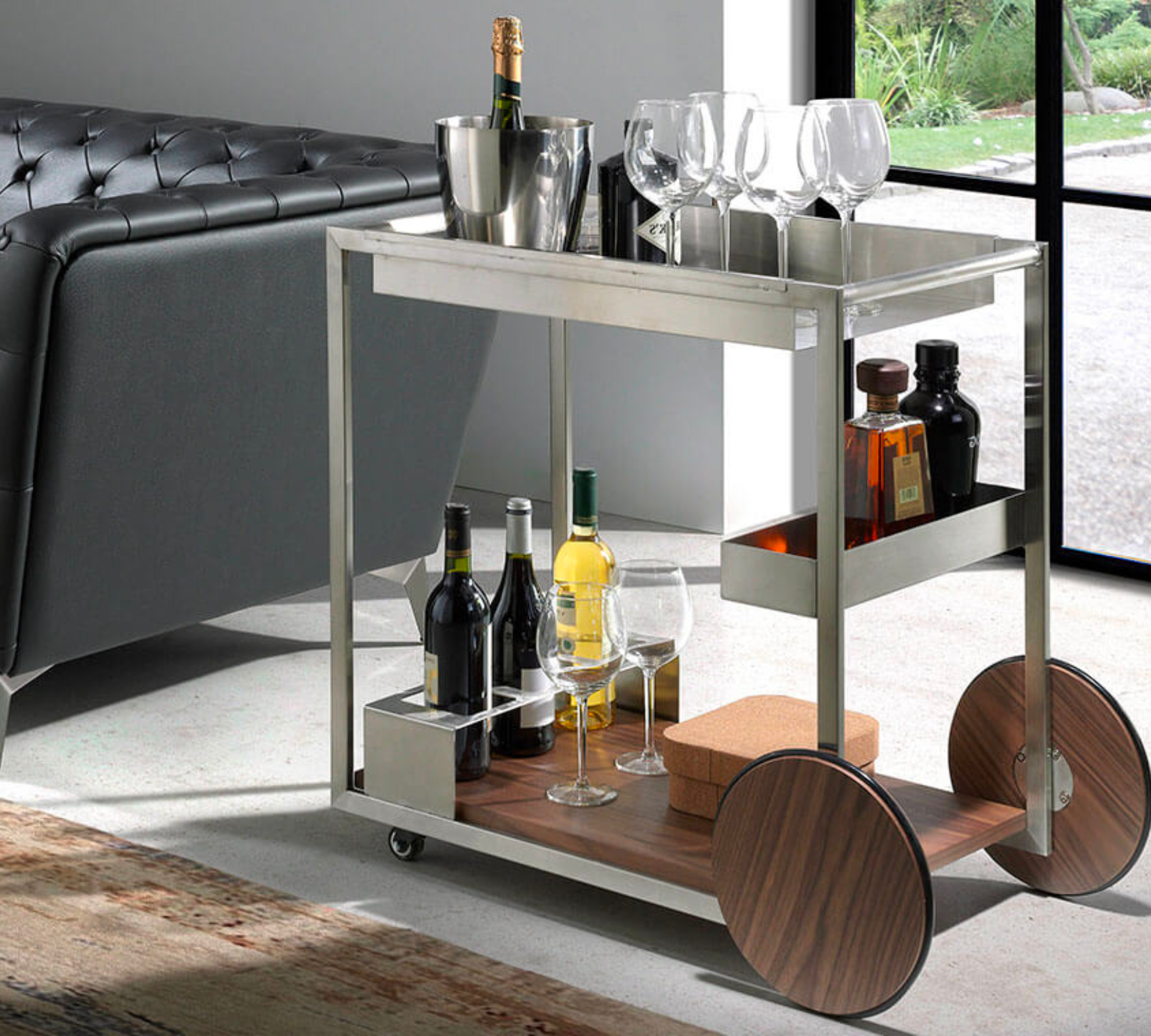 Serving trolley steel walnut wood silver 0