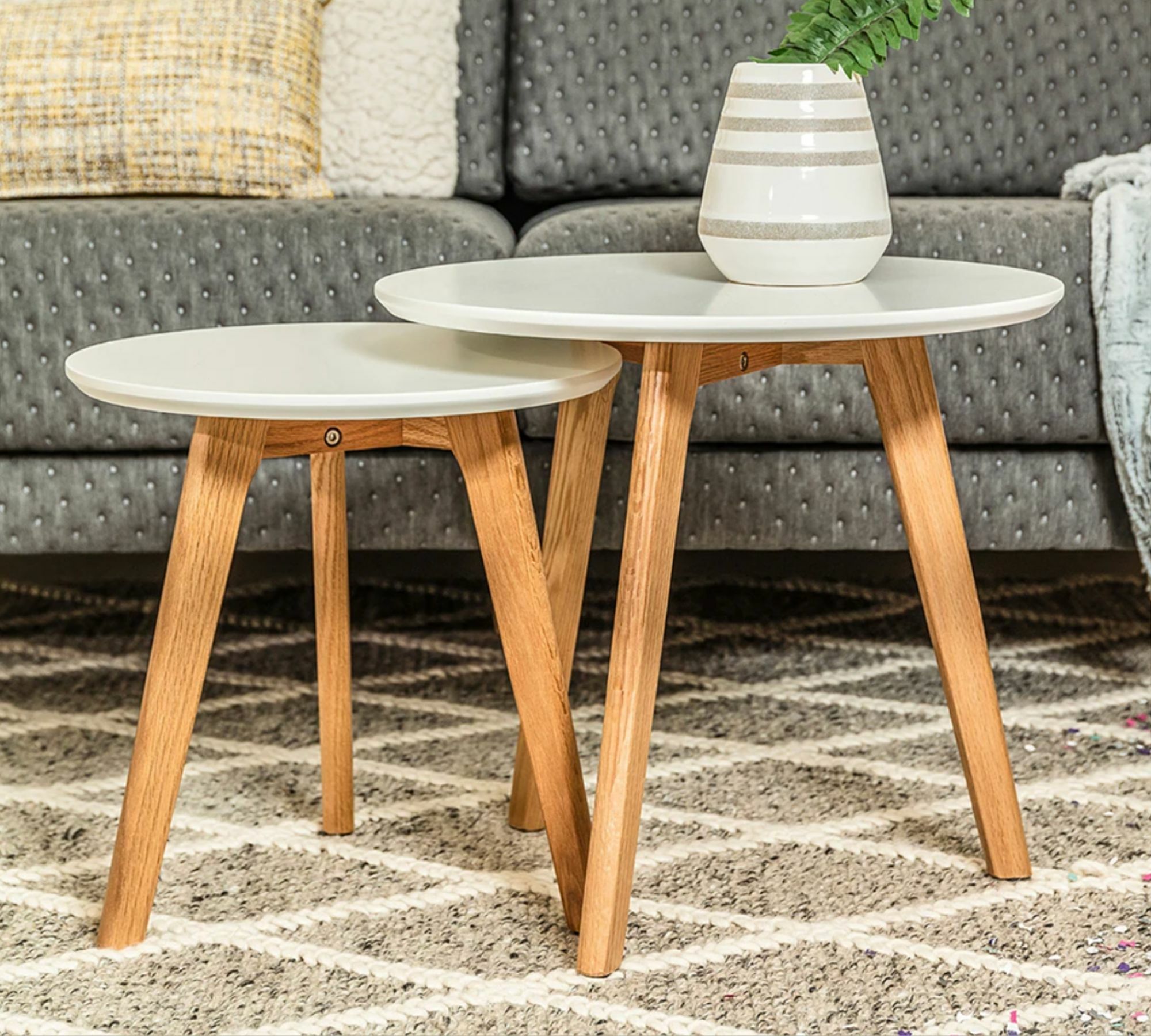 2er Set Beistelltisch Massivholz Weiß 3