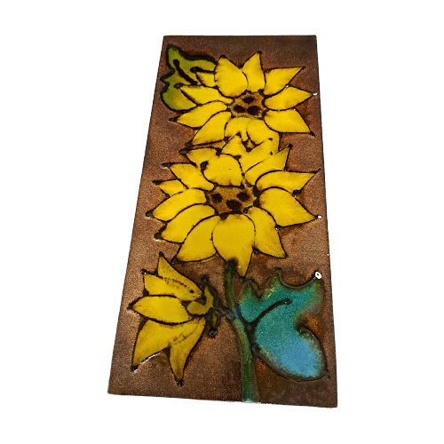 Vintage Keramik Wandfliese Sonnenblumen Gelb Braun 0