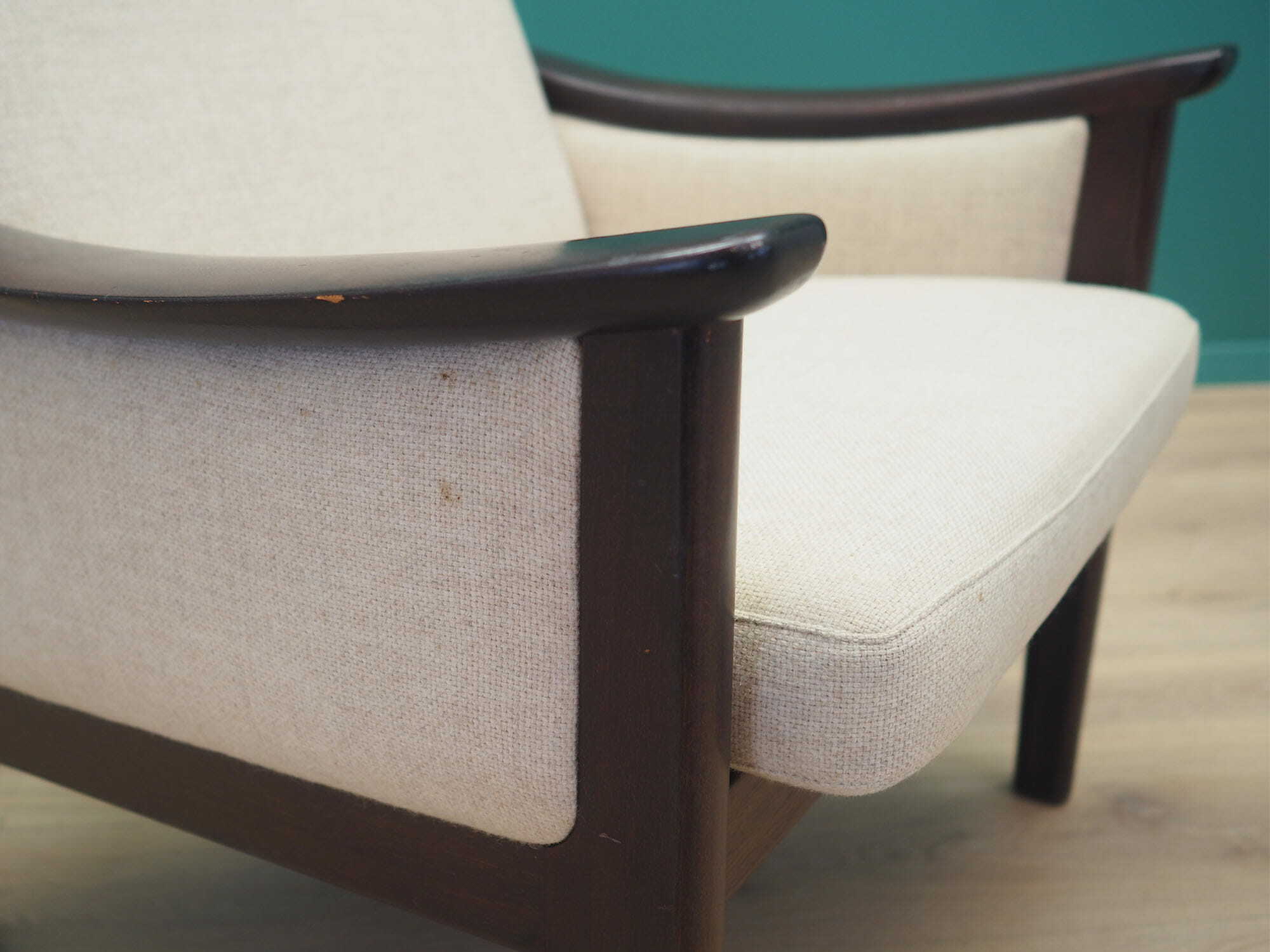 Vintage armchair wood fabric cream 1970s 8