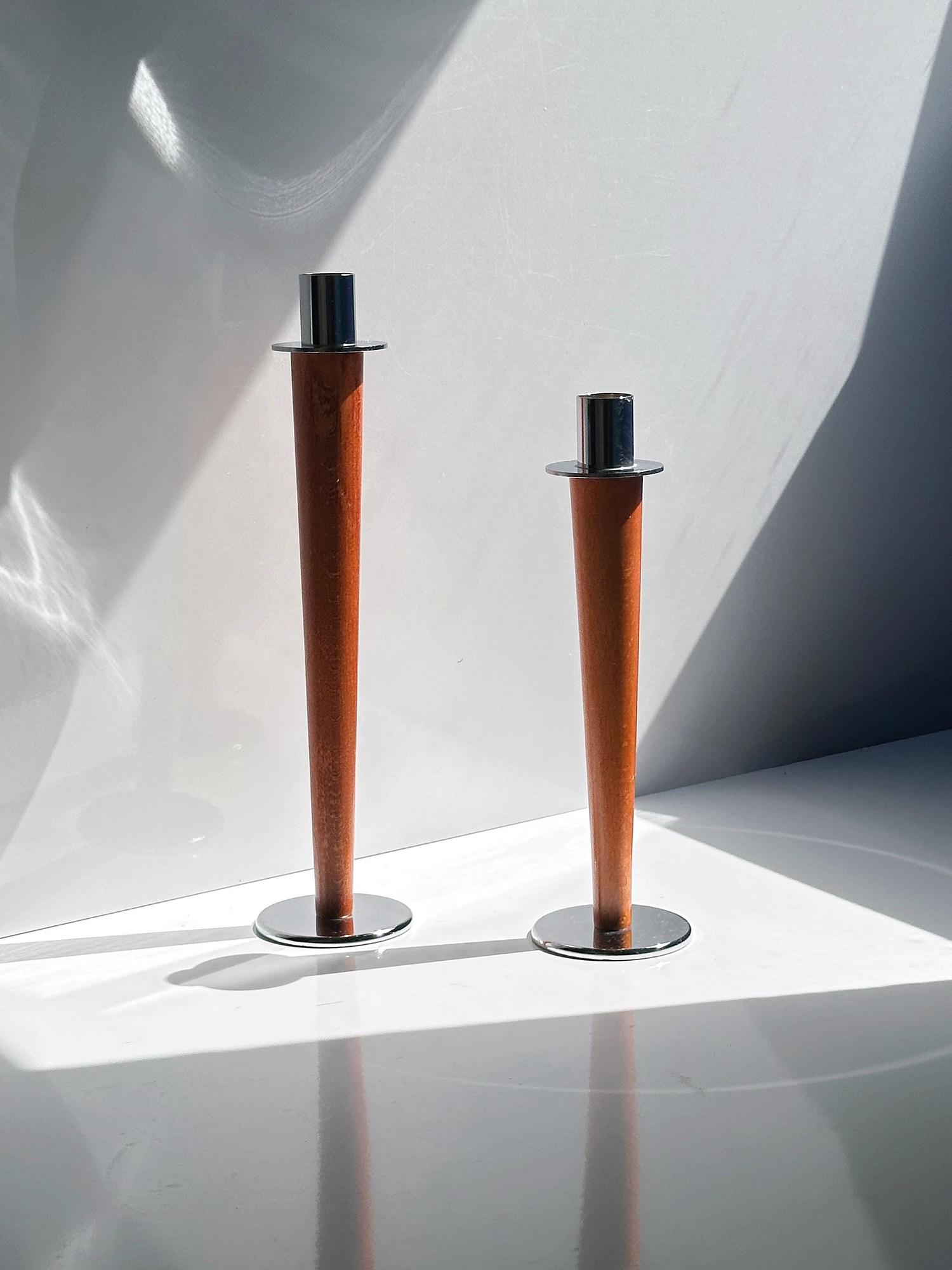 2x Vintage Kerzenleuchter Metall Holz 1970er Jahre 0