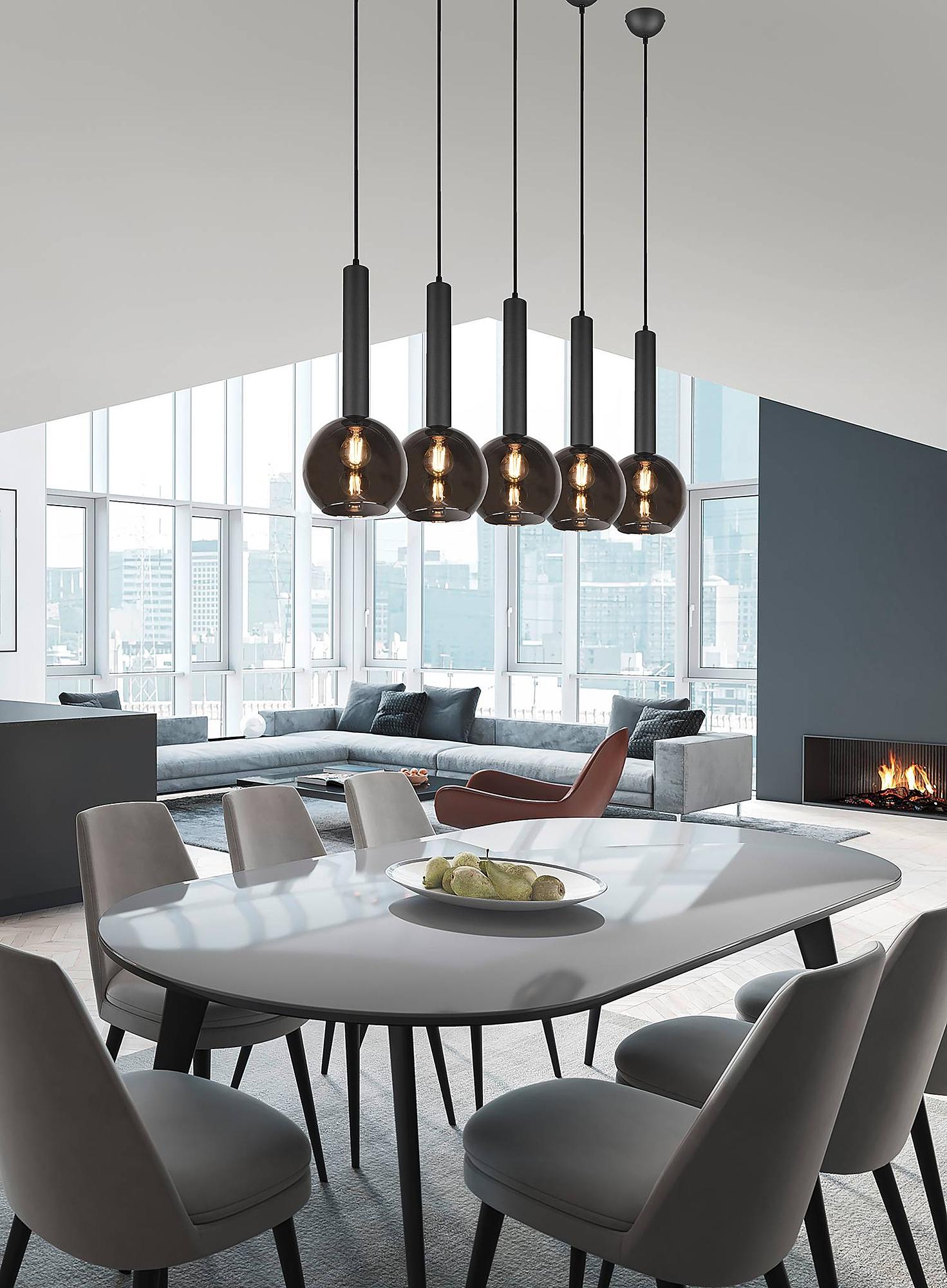5x Flammenanzahl Pendelleuchte Clayton Rauchglas Eisen  2