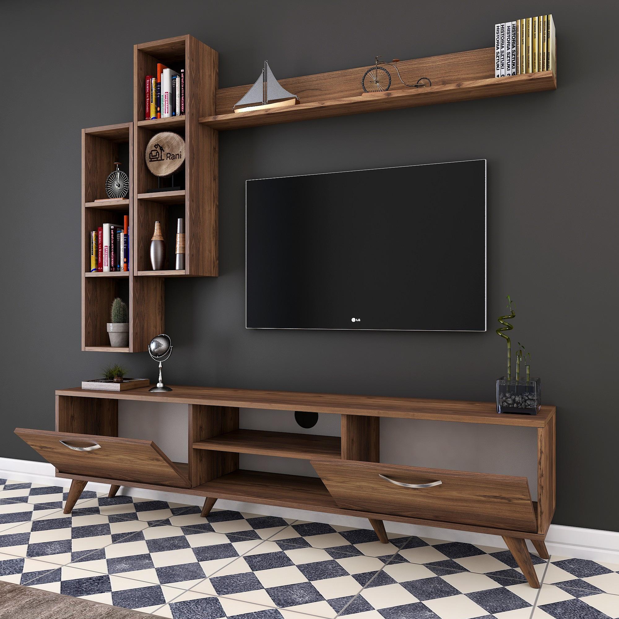 M16 TV cabinet set with wall shelves in walnut finish 4