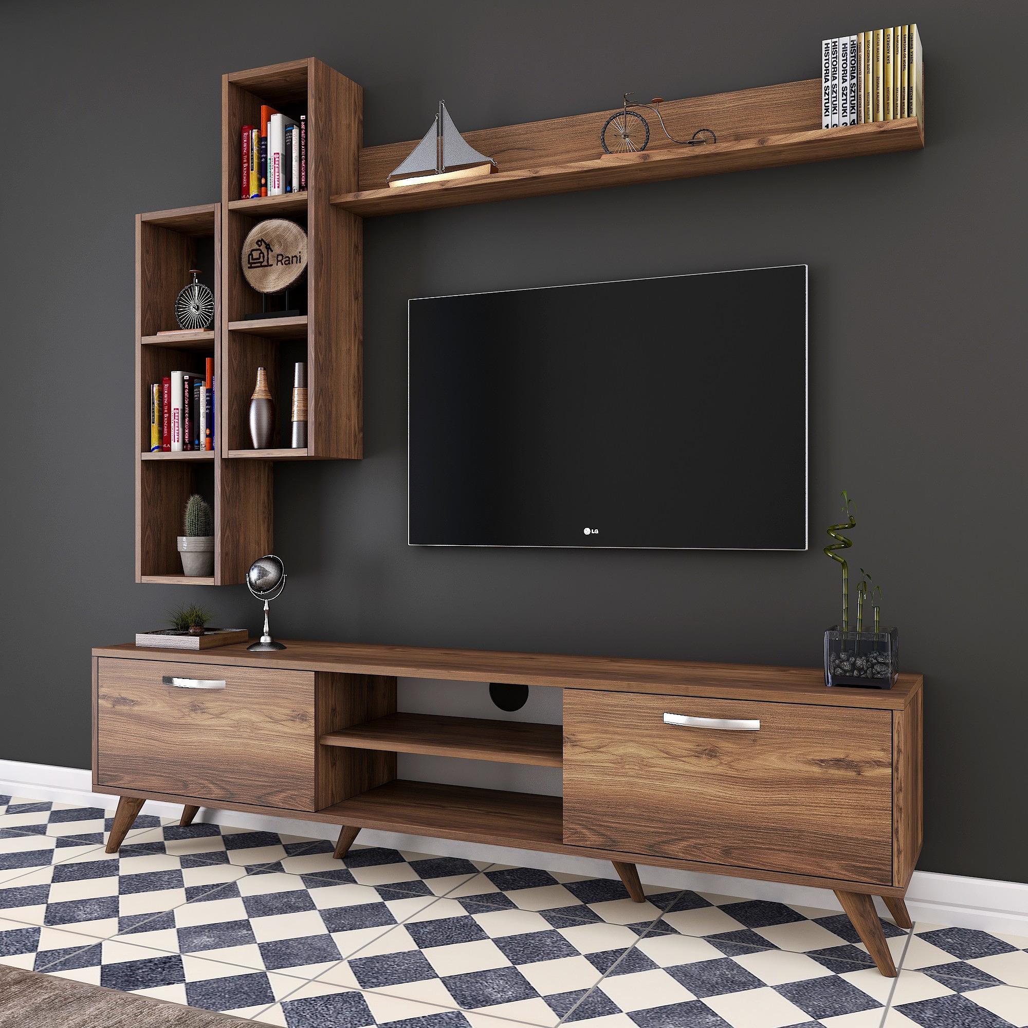 M16 TV cabinet set with wall shelves in walnut effect 1