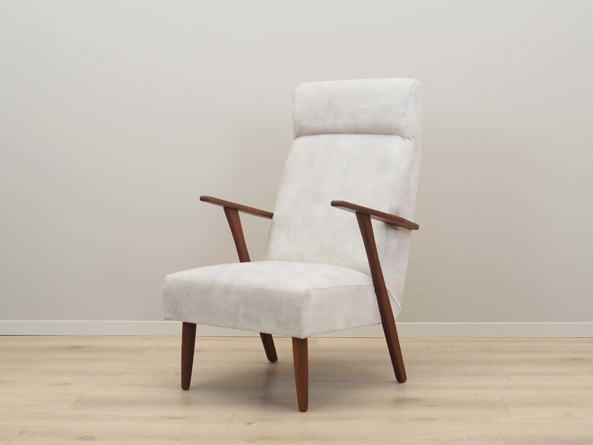 Vintage Stuhl Teakholz Samt Weiß 1970er Jahre  1