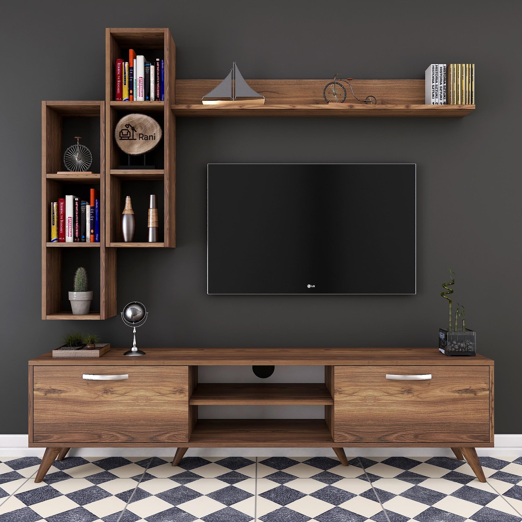 M16 TV cabinet set with wall shelves in walnut finish 3