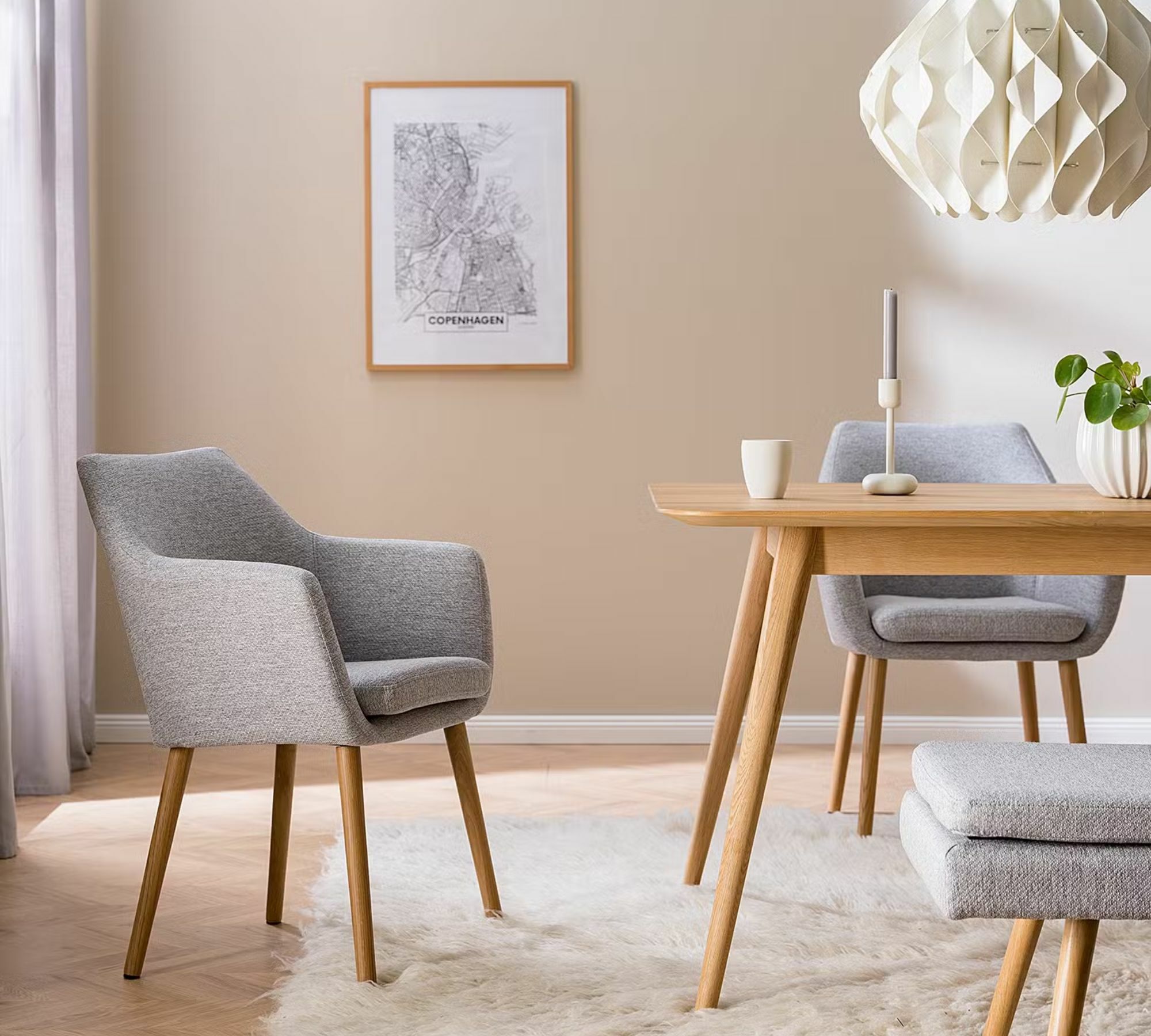 Armlehnstuhl Holz Webstoff Hellgrau 0