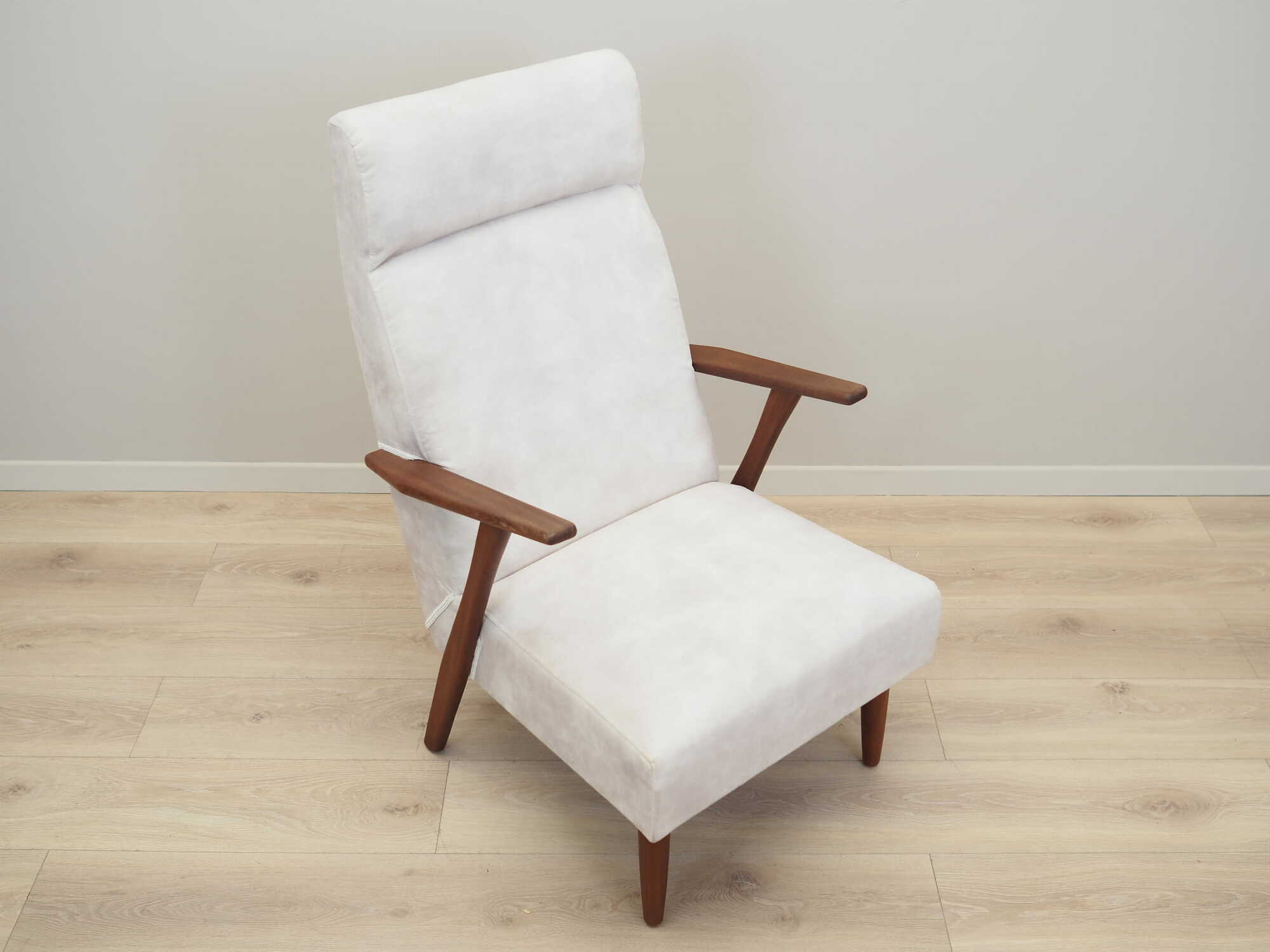 Vintage Stuhl Teakholz Samt Weiß 1970er Jahre  7