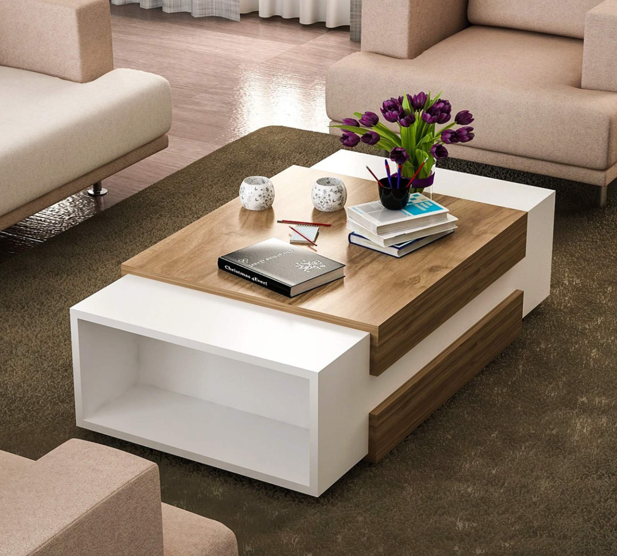 Couchtisch Holz Weiß Walnuss Dekor 2