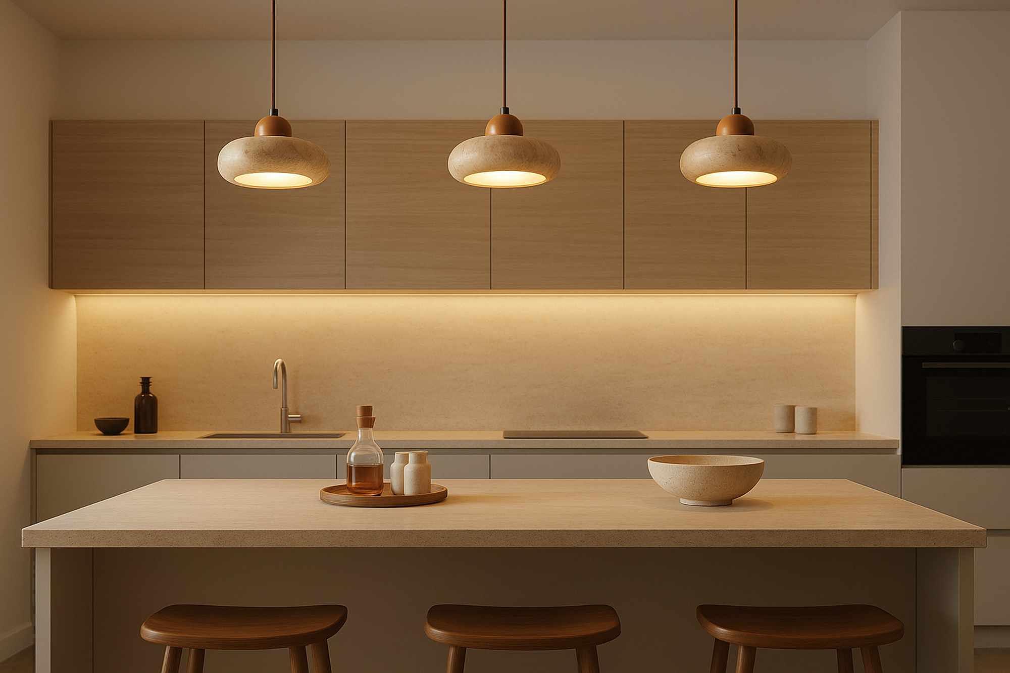 Round Lampada a sospensione Legno di quercia Travertino Crema 4