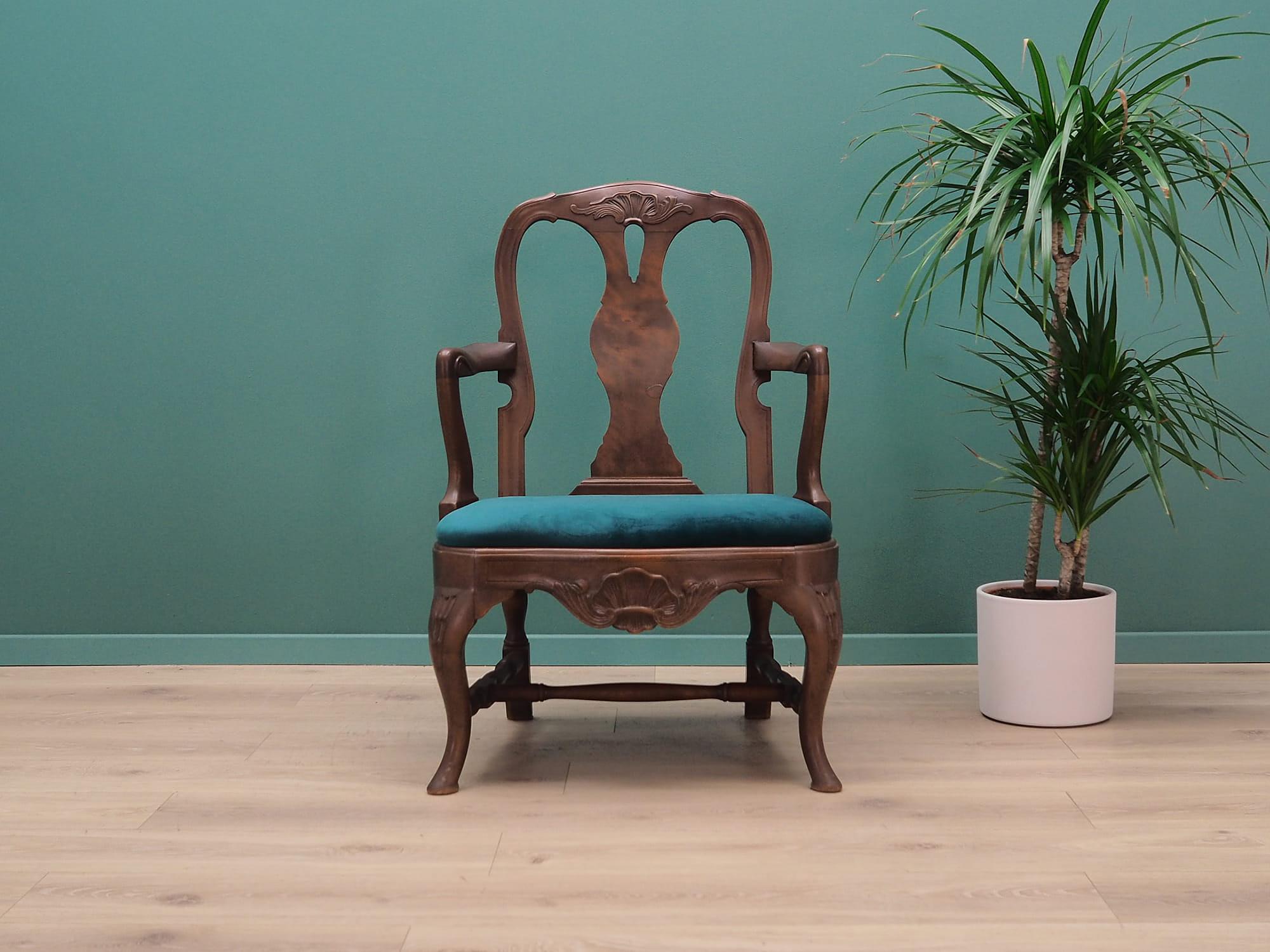 2x Vintage Chair & Bench Wood Velvet Blue 1970s 13