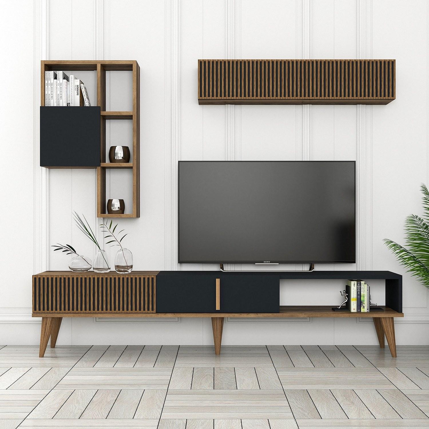 Milan Lowboard with Wall Shelf Walnut Brown Anthracite 2