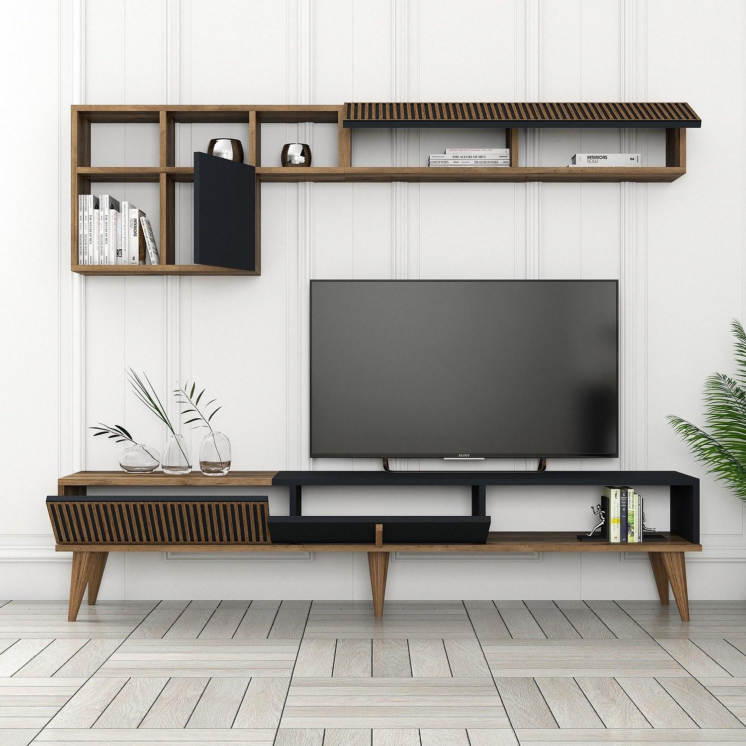 Milan Lowboard with Wall Shelf Walnut Brown Anthracite 1