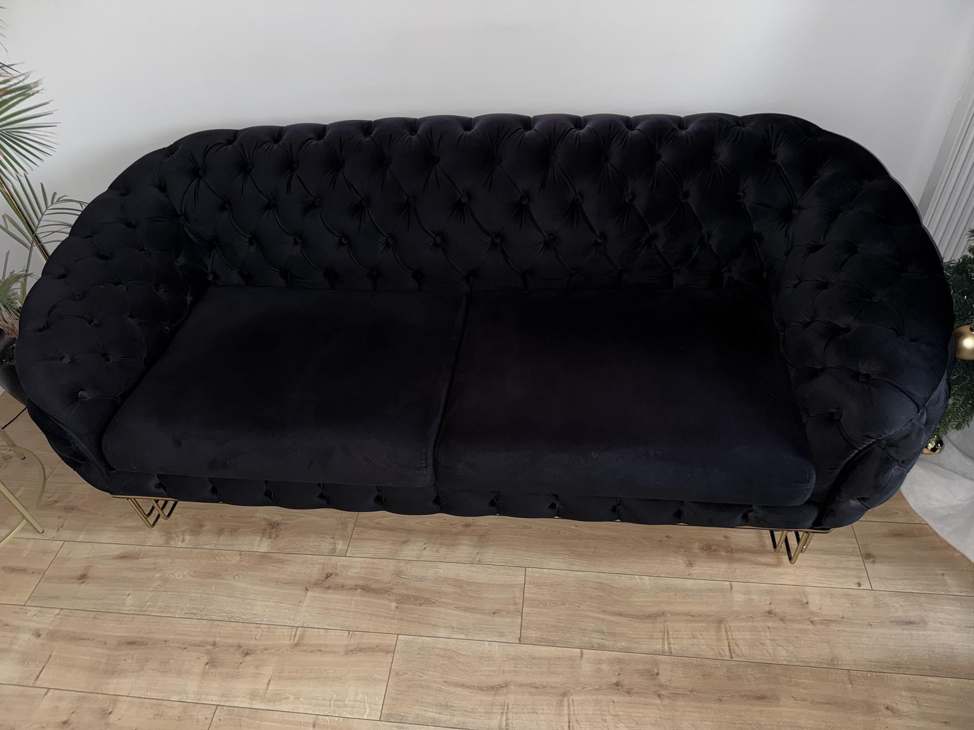 Chesterfield Couch-Set Sofa Armchair Velvet Black Gold 5