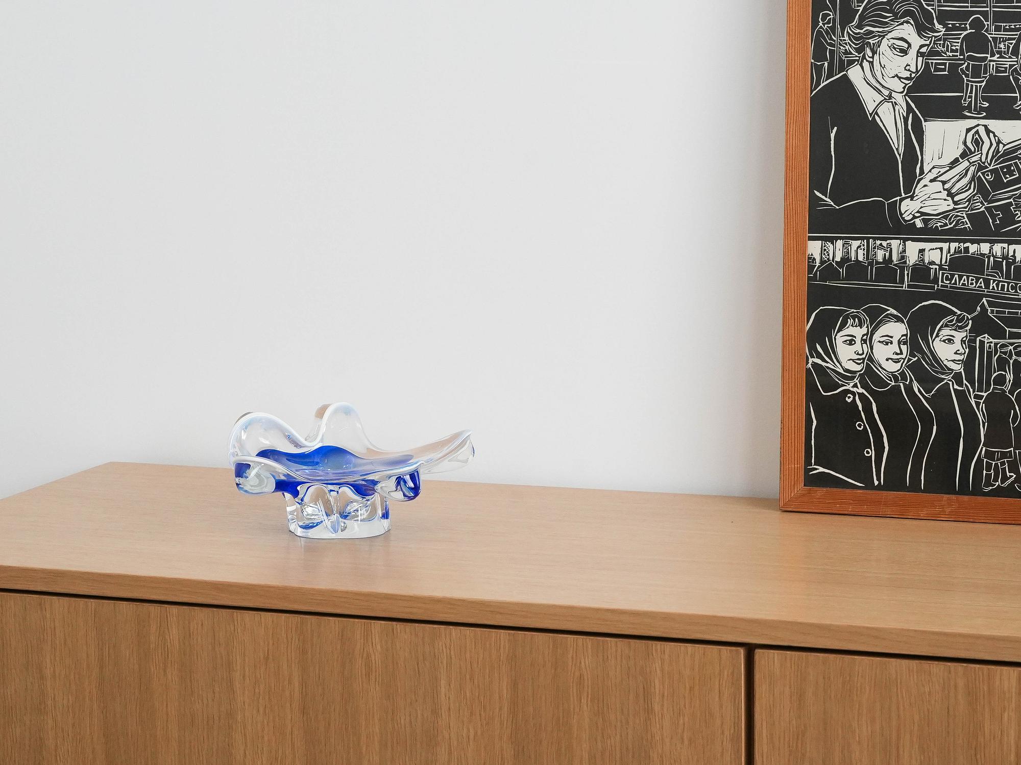 Flower plate Murano glass Blue Transparent 1960s 1