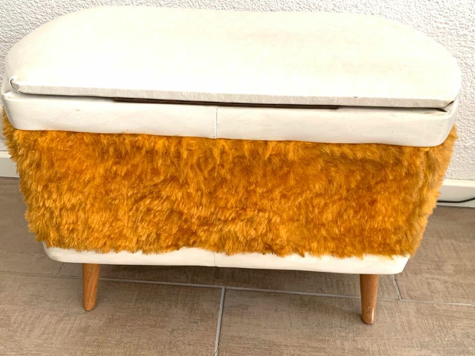 Vintage Hocker Plüsch Kunstleder Beige 1950er Jahre 1