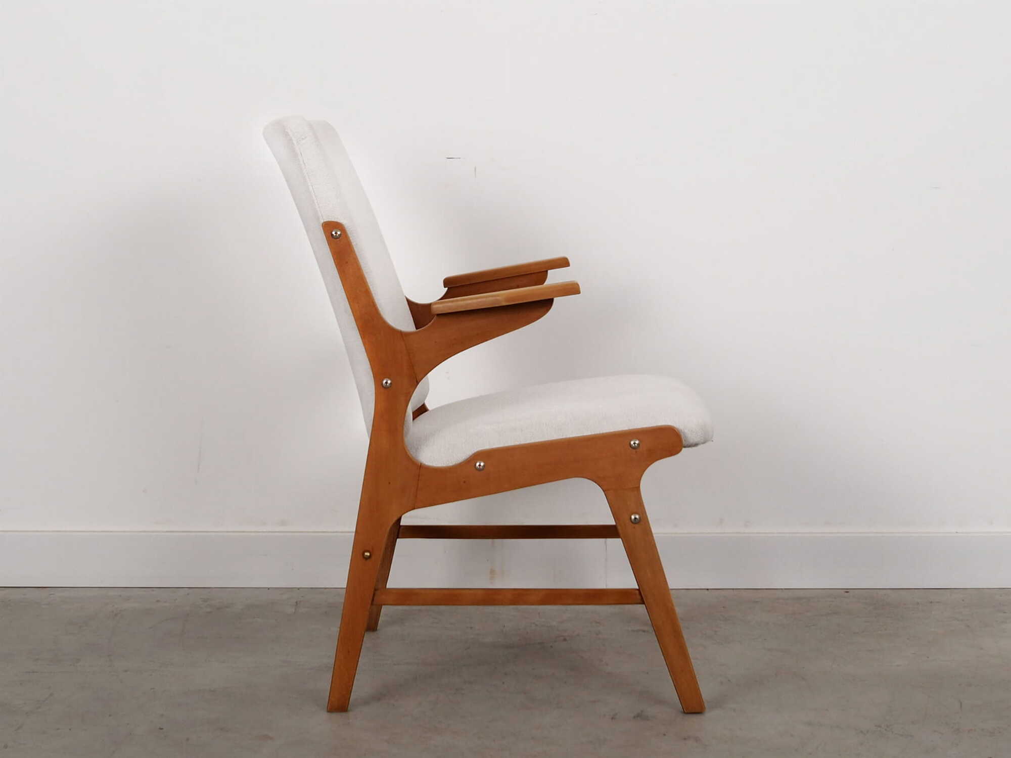Vintage Sessel Buchenholz Textil Weiß 1960er Jahre 6