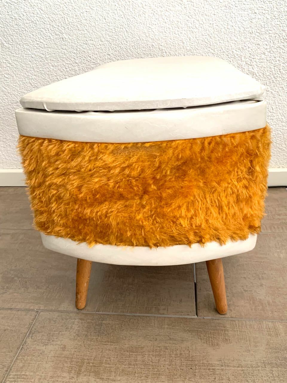 Vintage Hocker Plüsch Kunstleder Beige 1950er Jahre 3