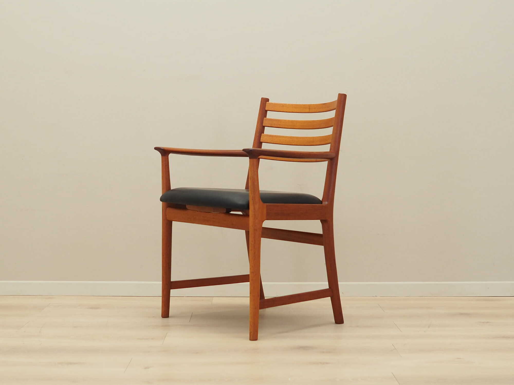 Vintage armchair Teak wood Leather Brown 1970s 3