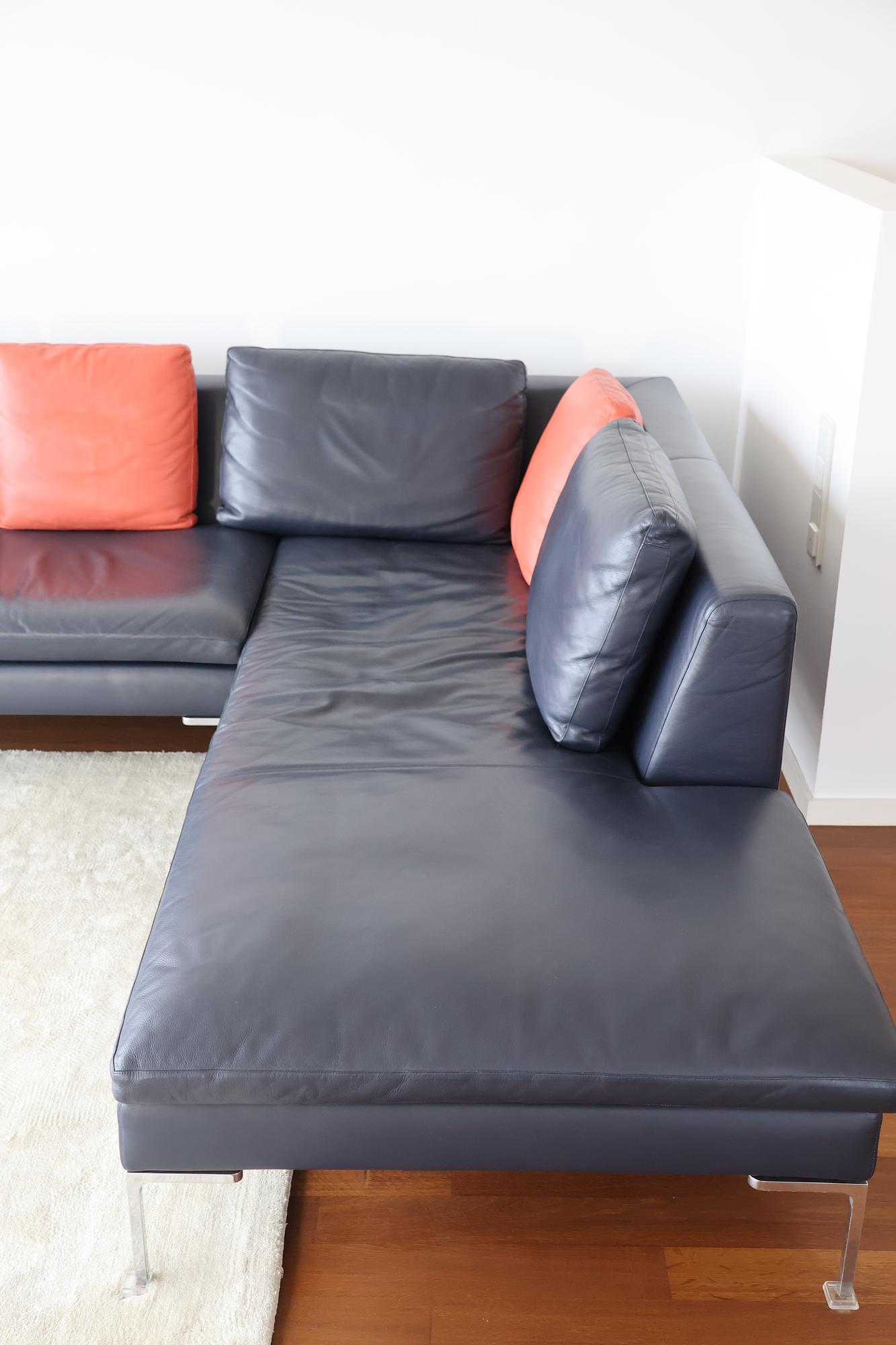 Charles Sofa Récamiere Rechts Leder Blau 1