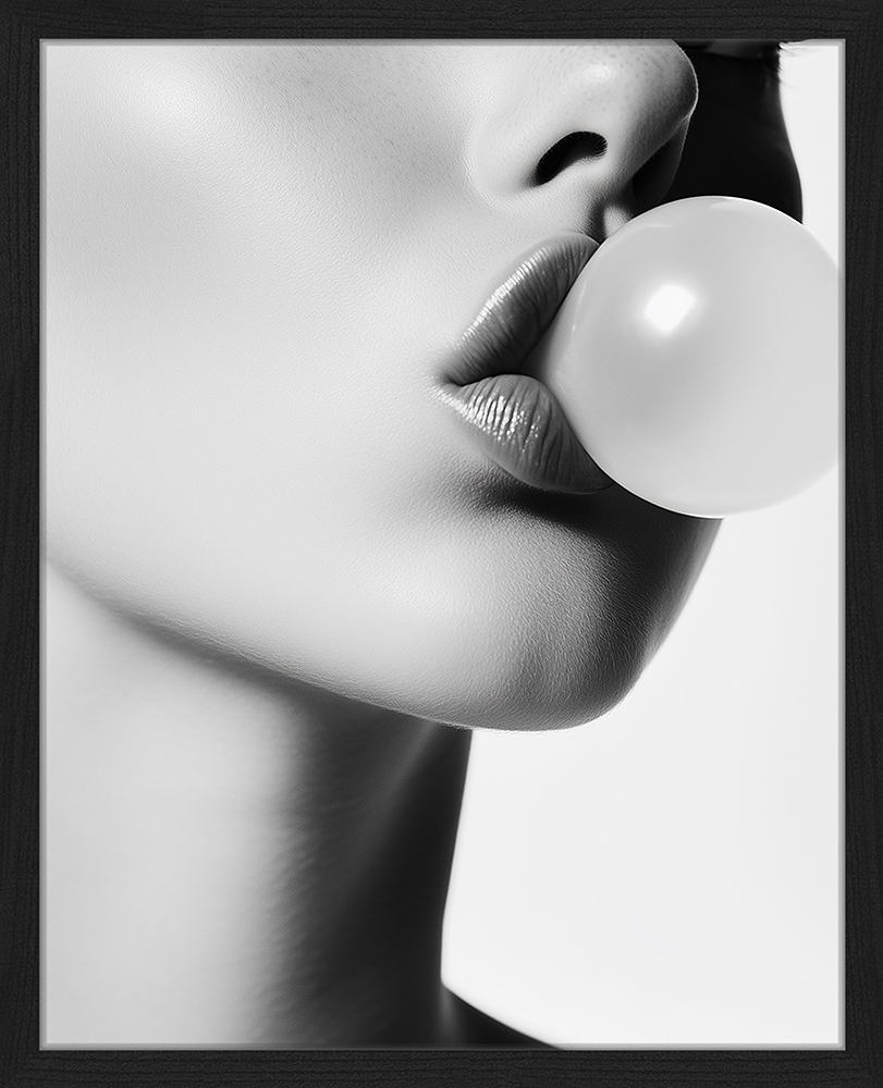 Bubblegum Close Up Kunstdruck mit Rahmen Schwarz Weiß 1