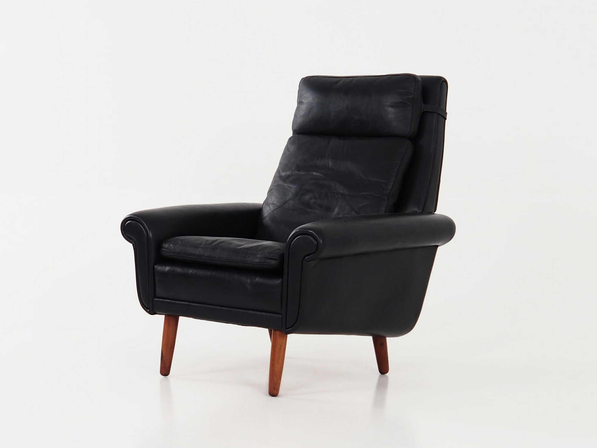 Vintage armchair, natural leather, wood, black, 1970s 1