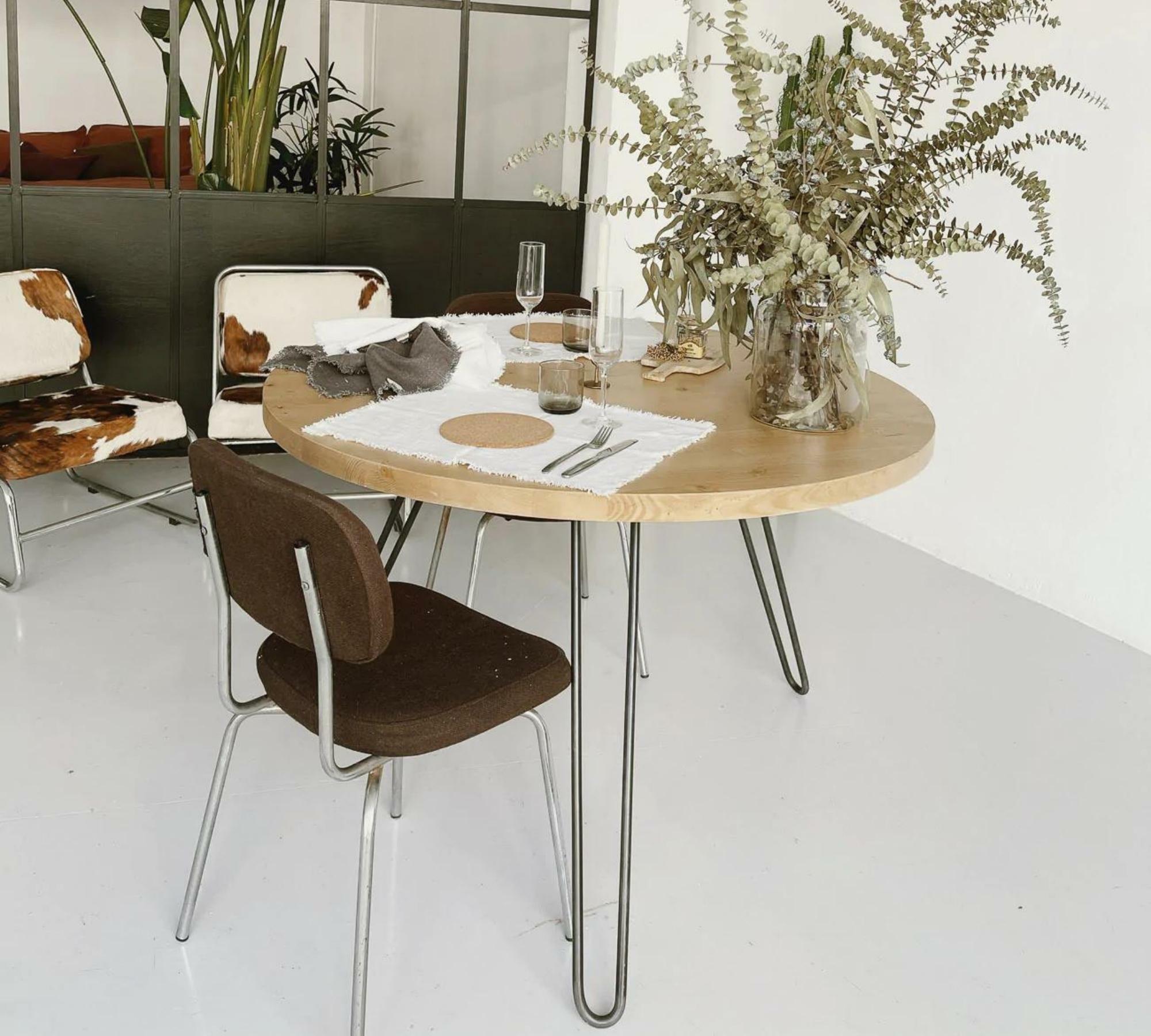 Runder Esstisch Hairpin-Beine Kiefernholz Sand 0