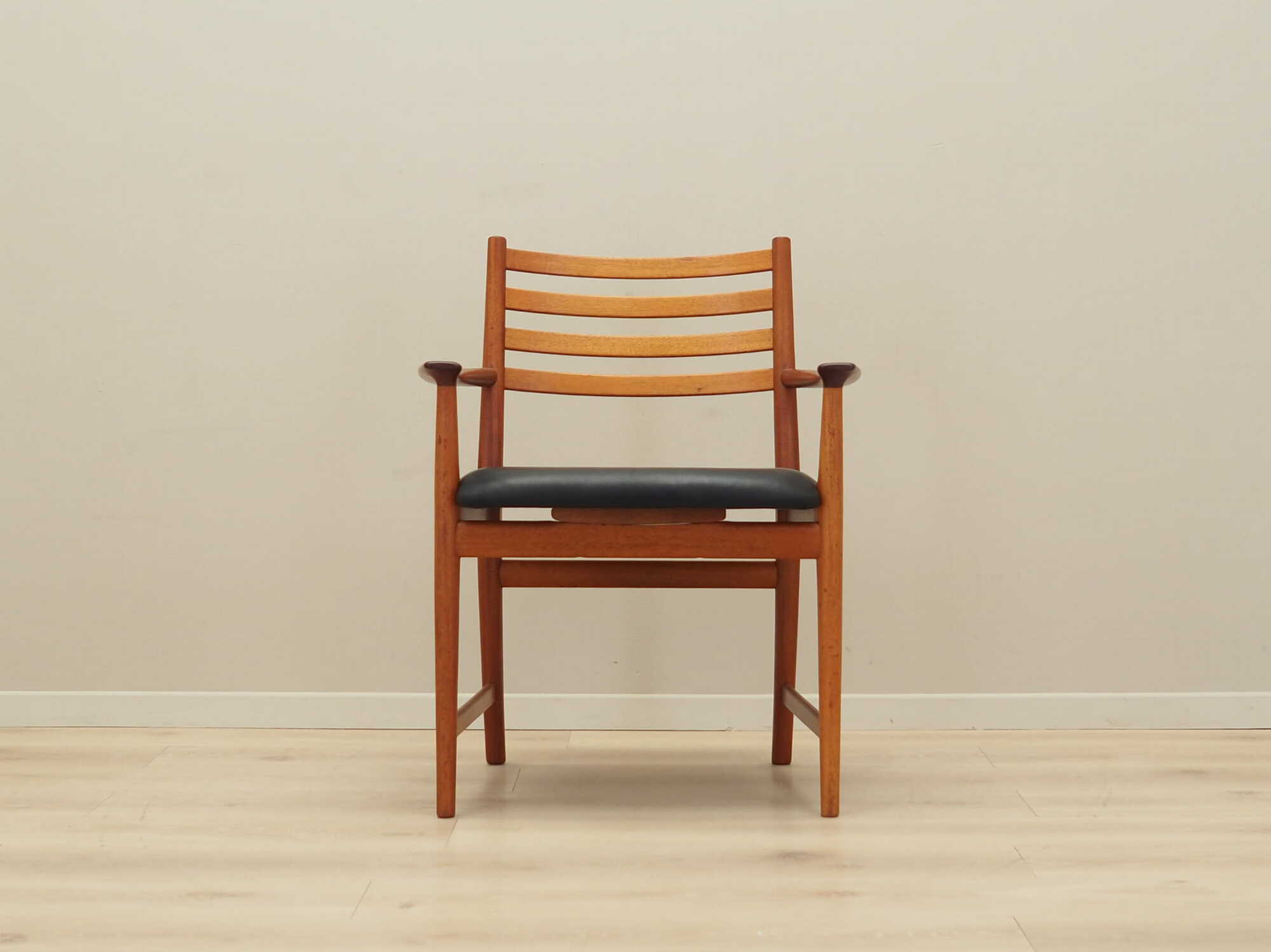 Vintage armchair Teak wood Leather Brown 1970s 2