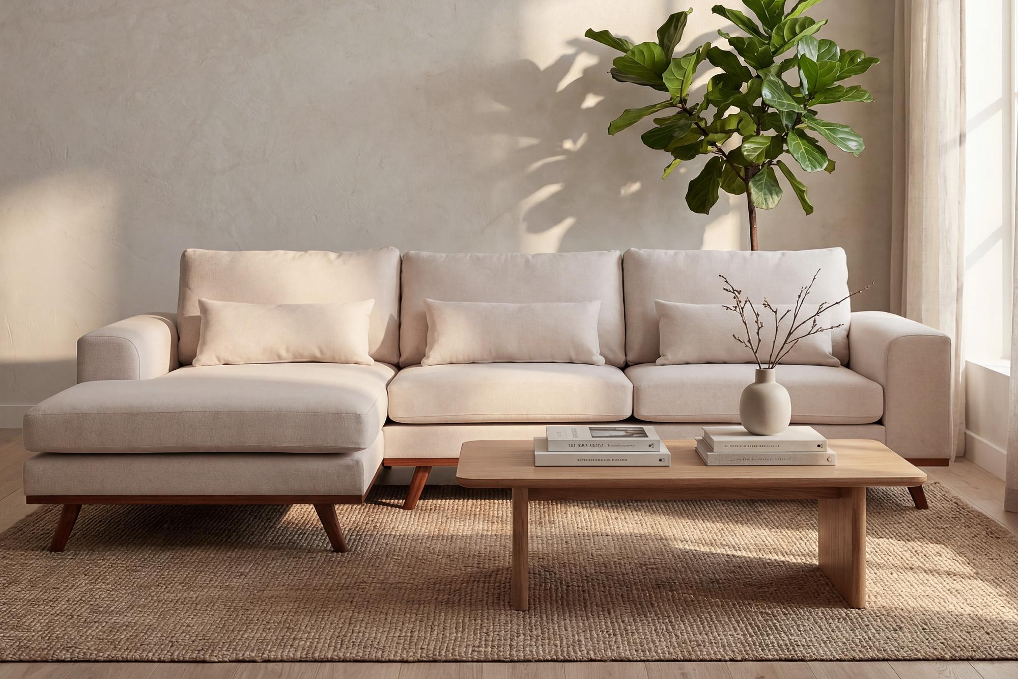 Corner Sofa Japandi 3-Seater Left Fabric Beige 4