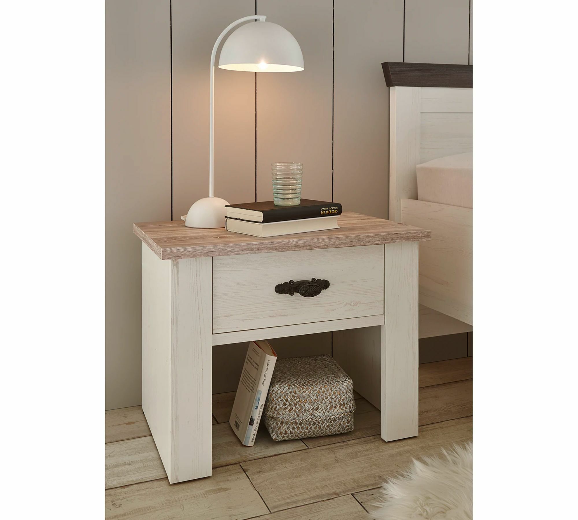 Nachtkommode Holz Dekor Pinie Weiß 1