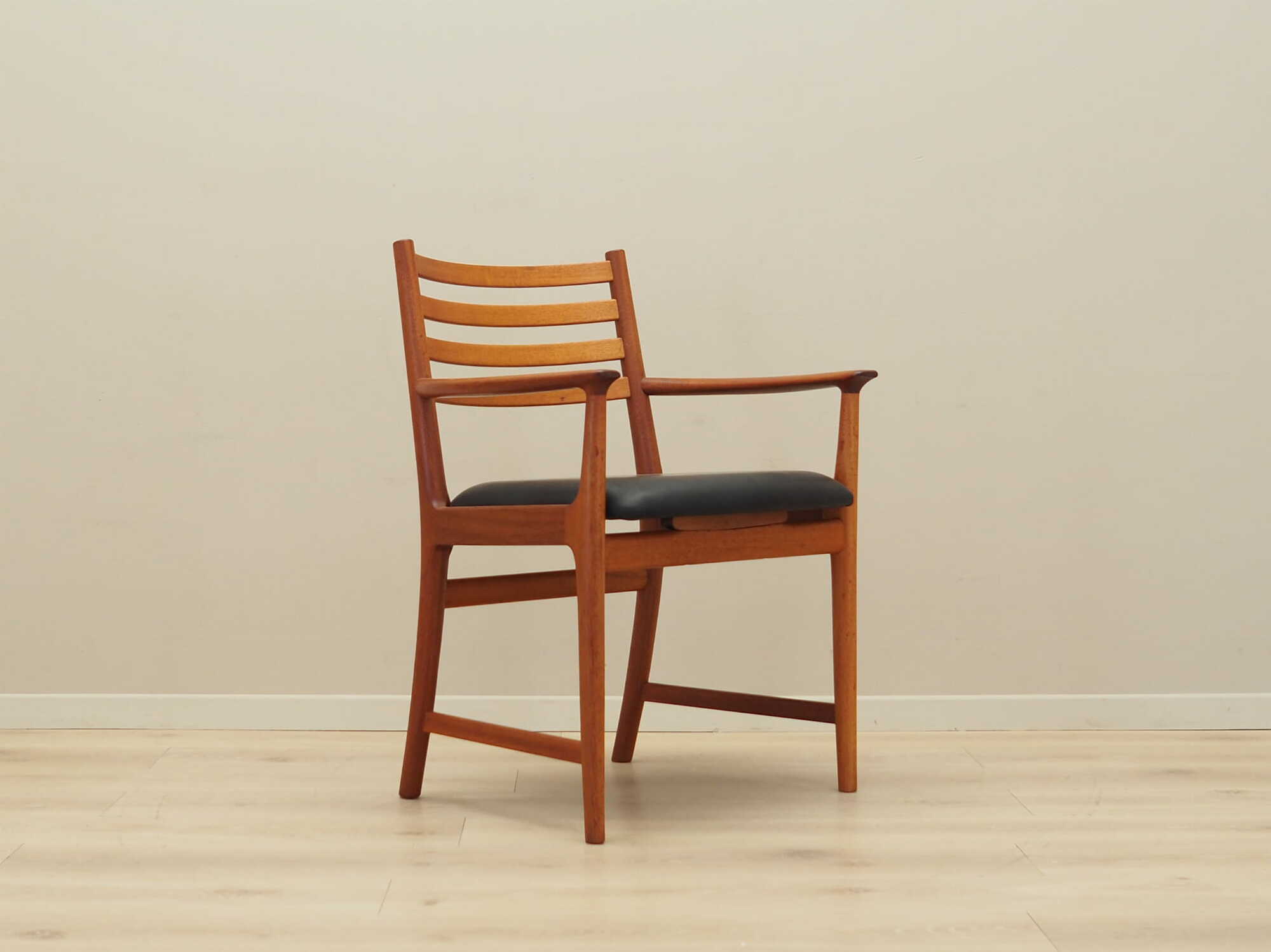 Vintage armchair Teak wood Leather Brown 1970s 9