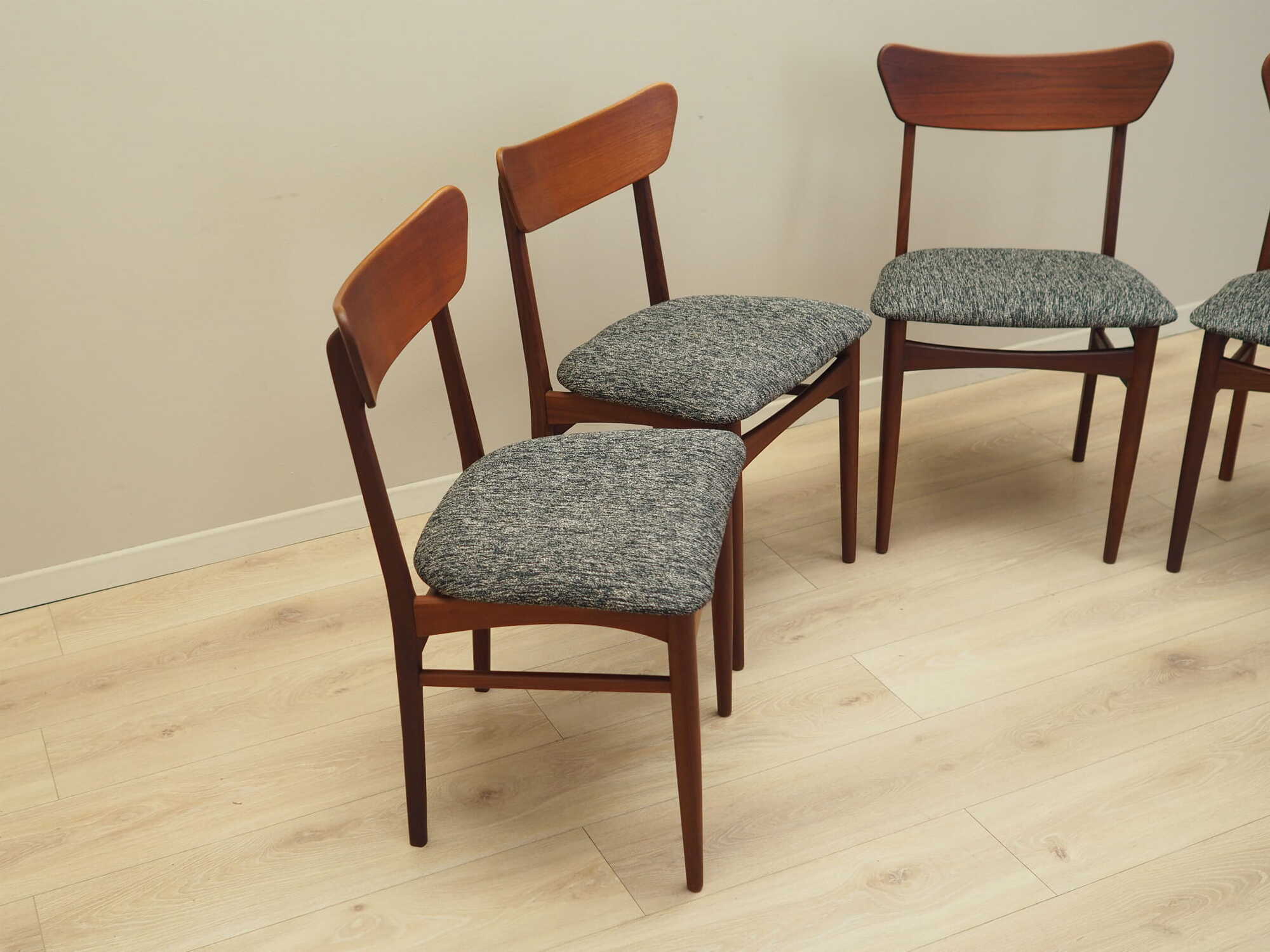 4x Vintage Dining Chair Teak Wood Textile Brown 1970s 6