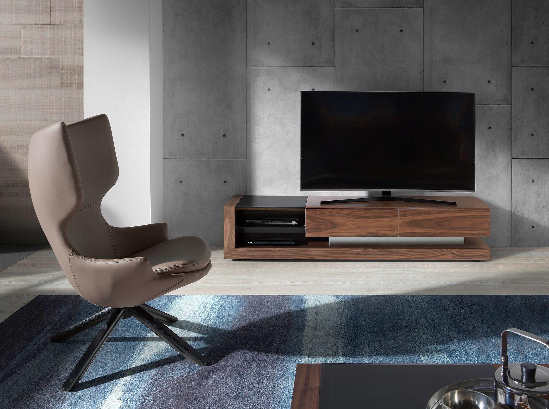 TV cabinet walnut, polished steel and black glass top 3139 2