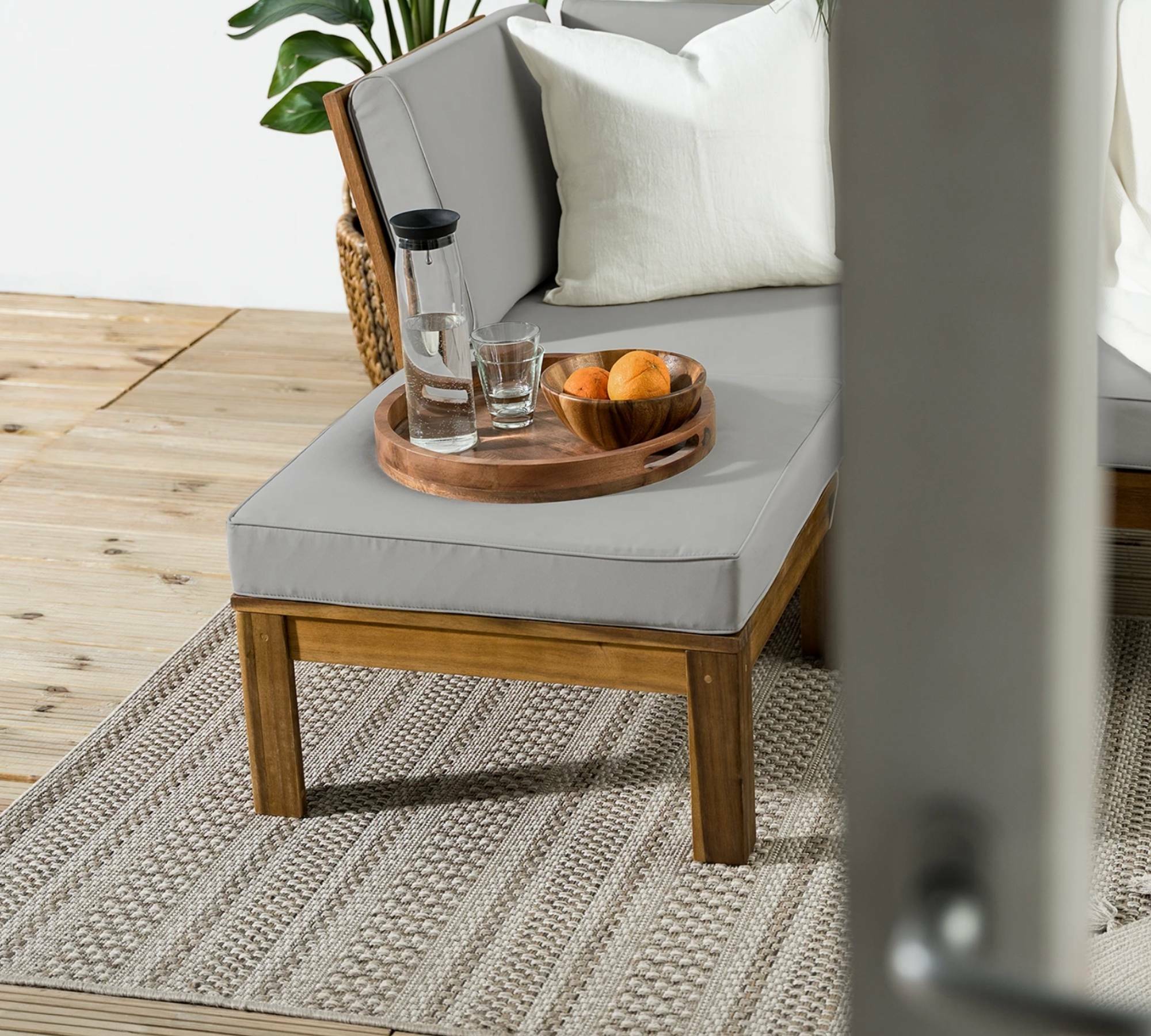 Loungehocker LEXI Webstoff / Akazie massiv Hellgrau 5